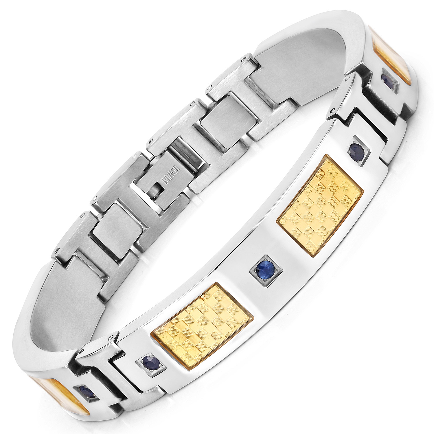 Bracelet homme en titane avec incrustation en acier plaqué or 0,72ct Saphirs bleus naturels ronds