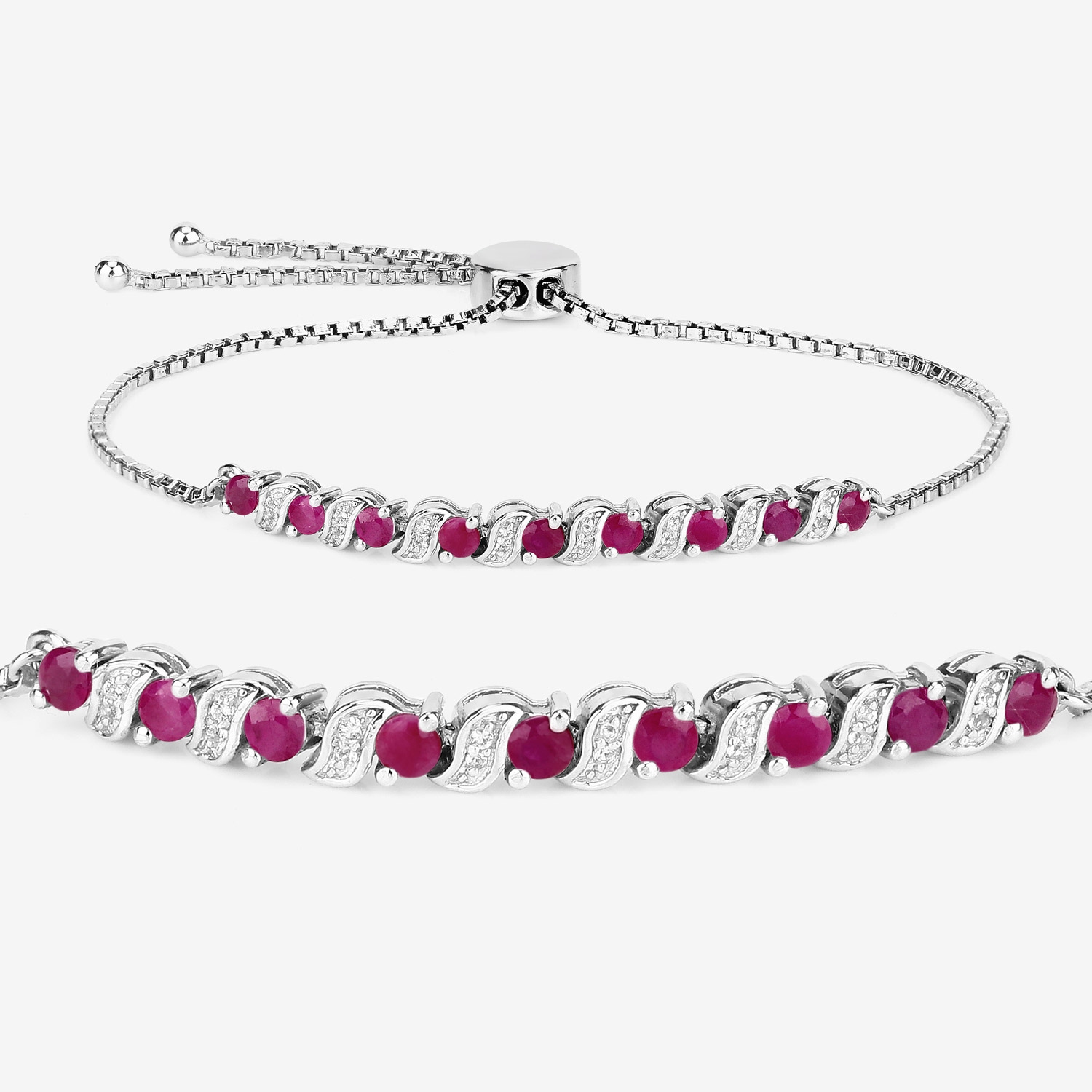 Bracelet en argent sterling de .925 mm avec rubis véritable et topazes blanches de 1,25 carat