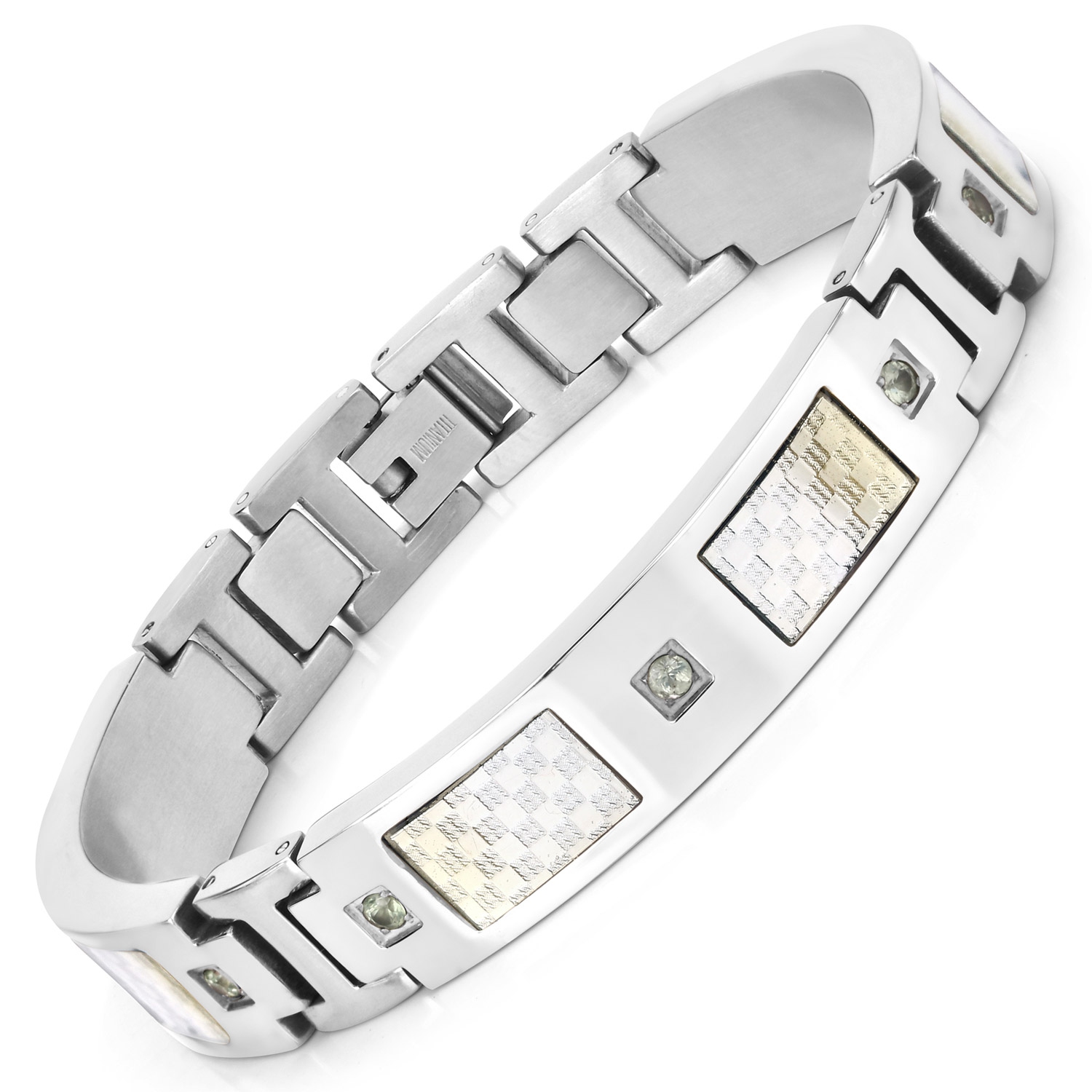 Bracelet homme en titane avec incrustation en acier plaqué argent 0,72ct.W. Saphirs verts naturels ronds