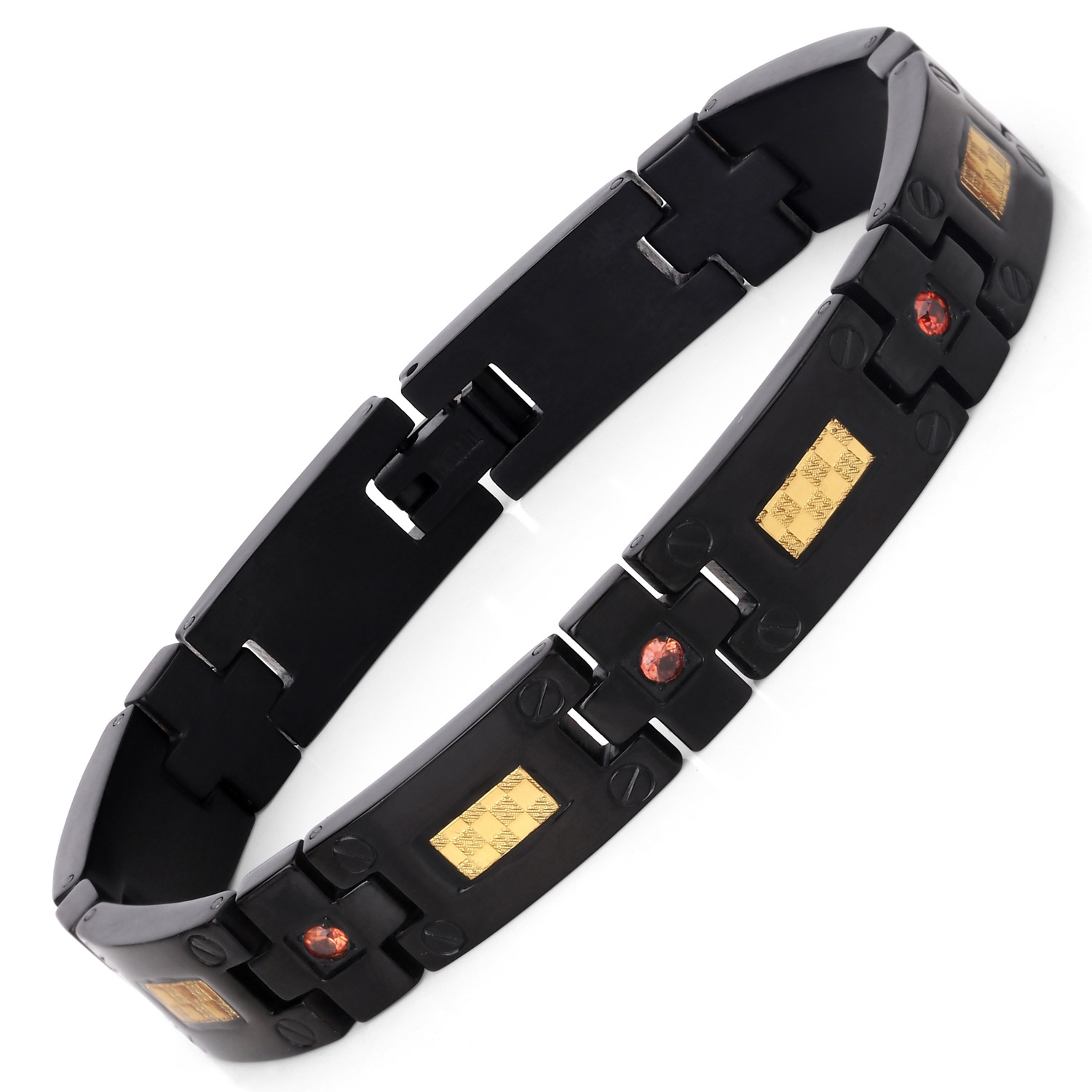 Bracelet homme noir en titane avec incrustation en acier plaqué or 0,56ct Saphir orange naturel rond
