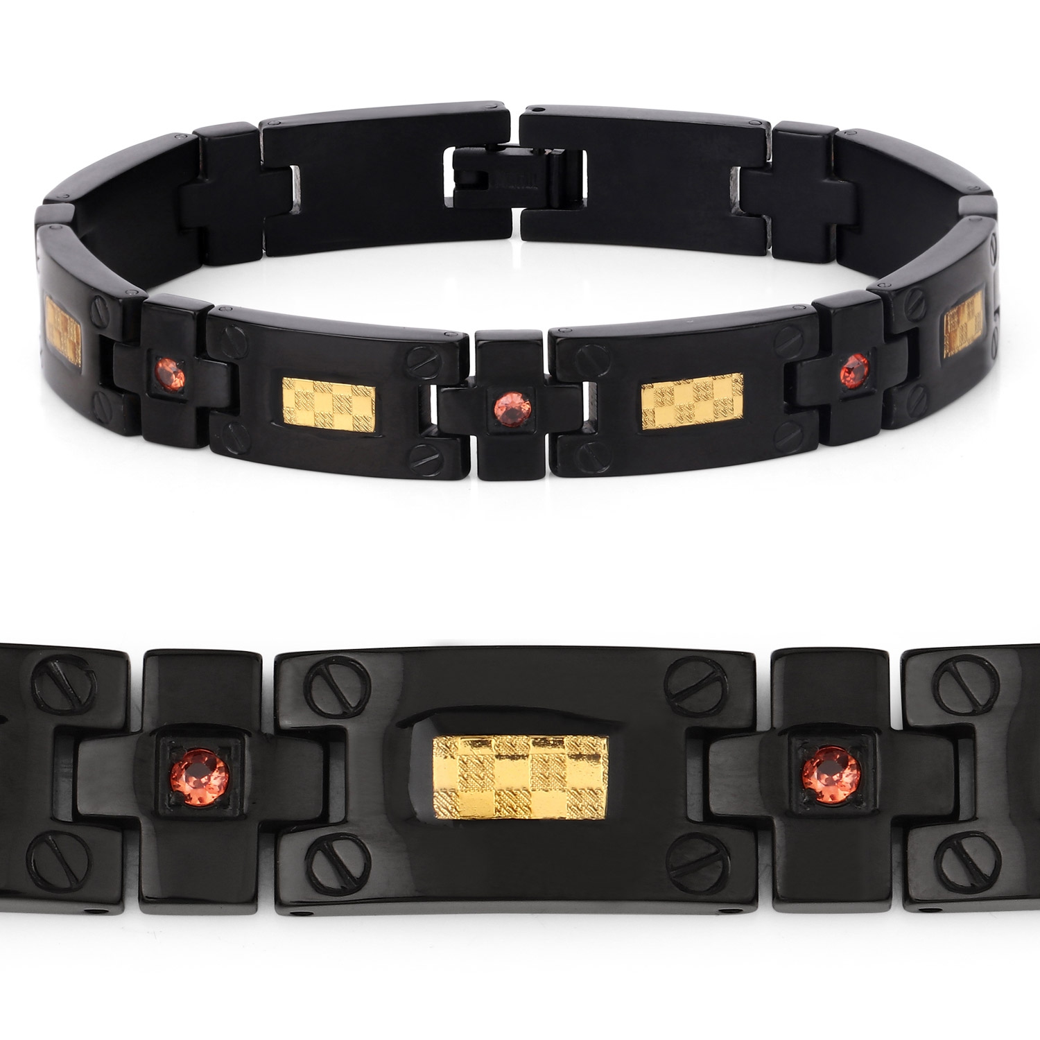 Bracelet homme noir en titane avec incrustation en acier plaqué or 0,56ct Saphir orange naturel rond