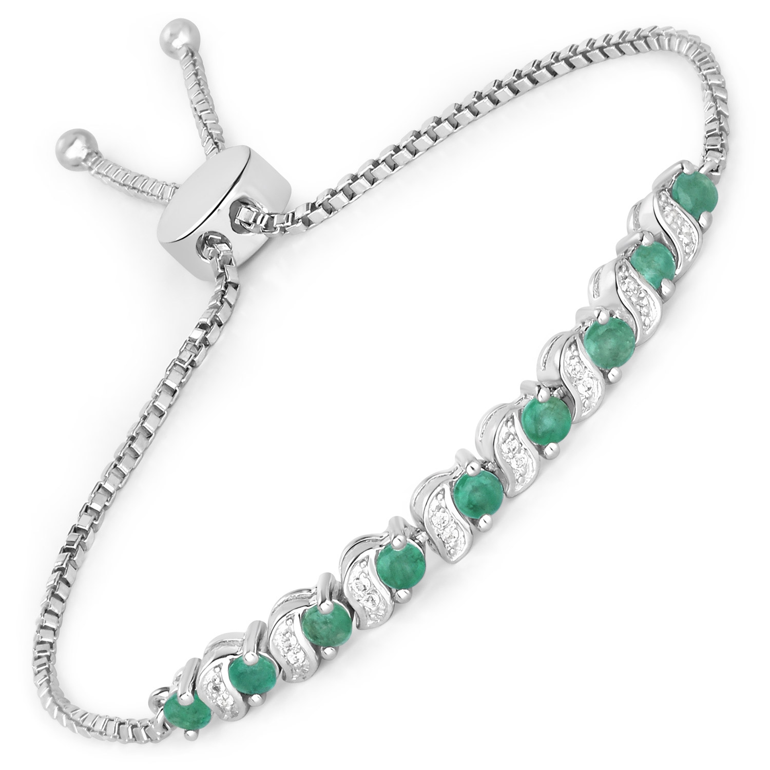 Bracelet en argent sterling de .925&nbsp;mm avec émeraude véritable et topazes blanches de 0,98&nbsp;carat