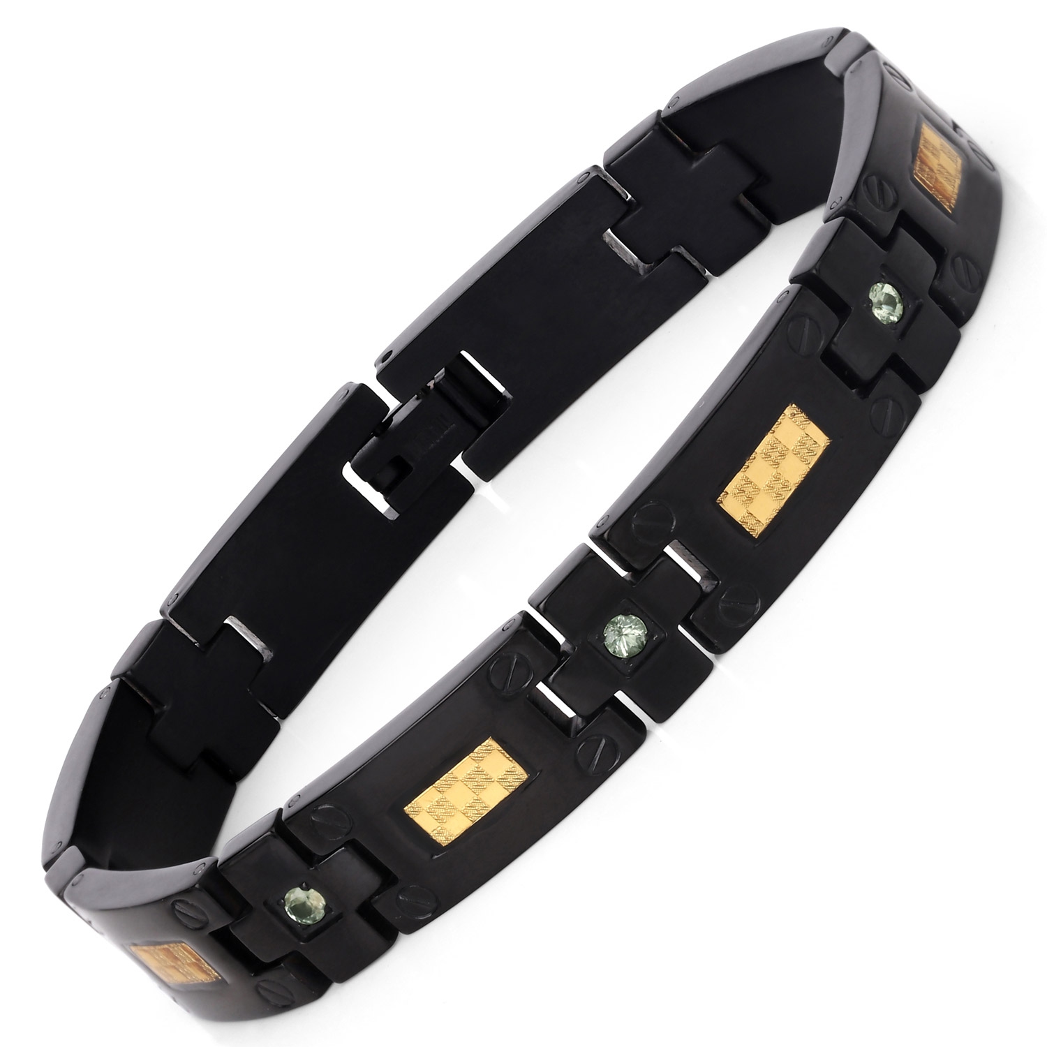 Bracelet homme noir en titane avec incrustation en acier plaqué or 0,56ct Saphirs verts naturels ronds