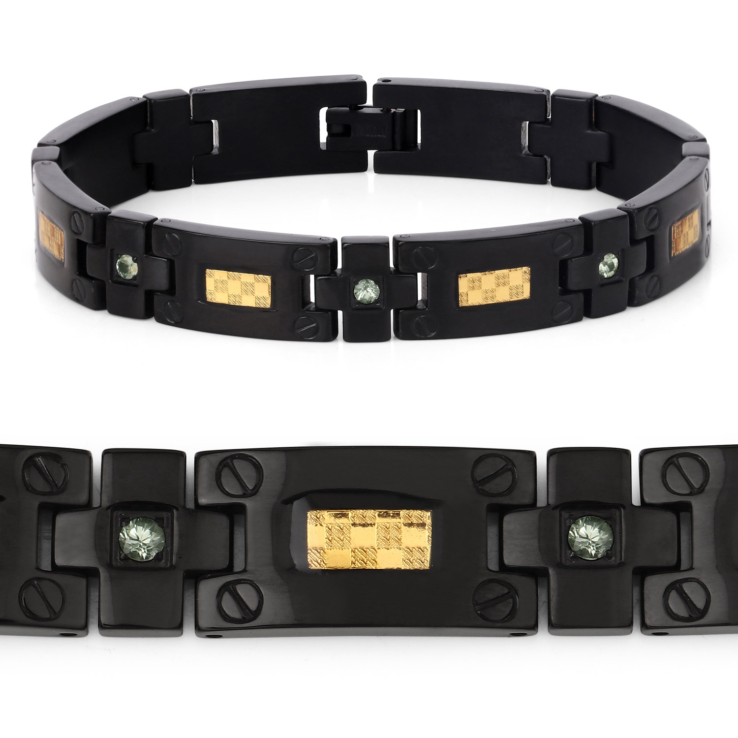 Bracelet homme noir en titane avec incrustation en acier plaqué or 0,56ct Saphirs verts naturels ronds