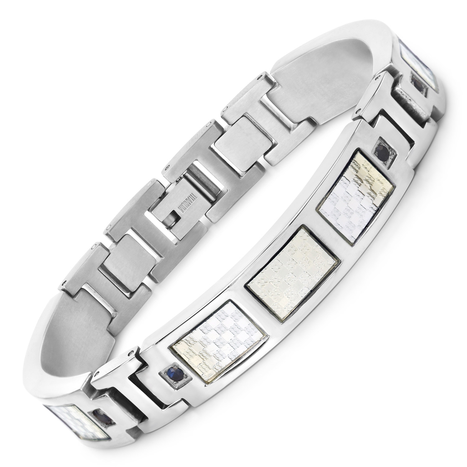Bracelet homme en titane avec incrustation en acier plaqué argent 0,48ct. Saphirs bleus naturels ronds