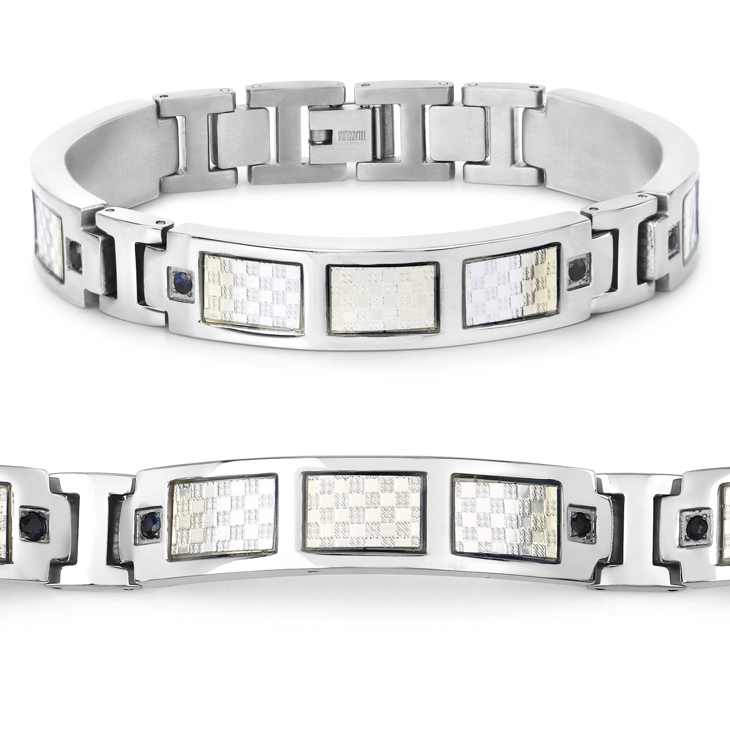 Bracelet homme en titane avec incrustation en acier plaqué argent 0,48ct. Saphirs bleus naturels ronds