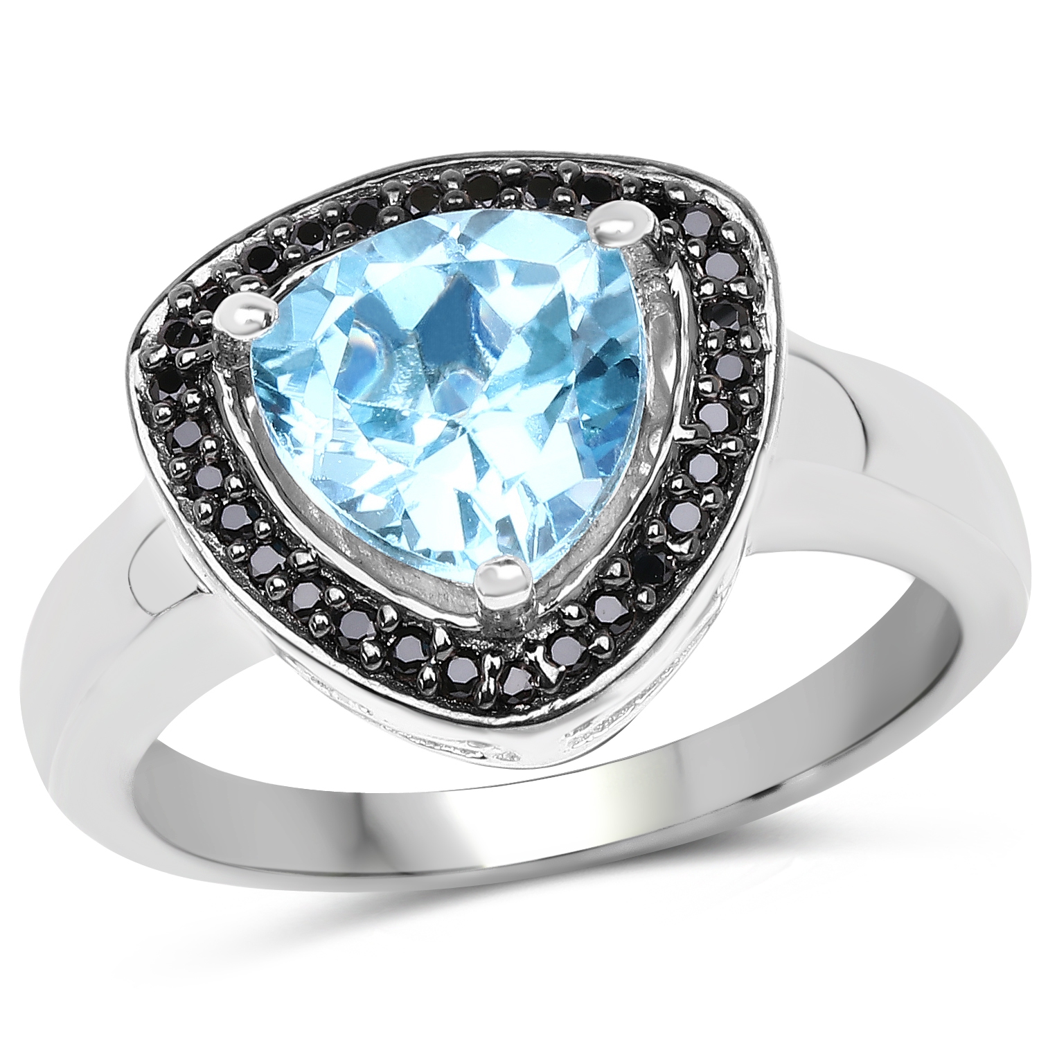 2.06 Carat Genuine Baby Swiss Blue Topaz and Black Diamond .925 Sterling Silver Ring