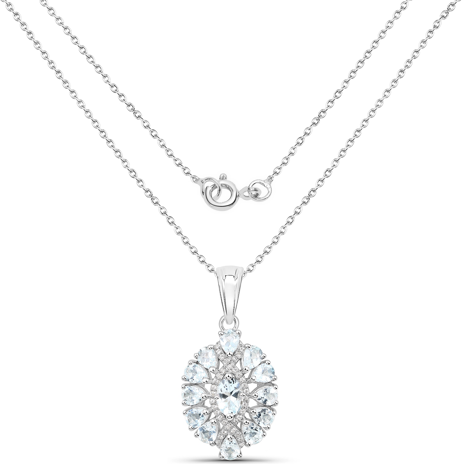 1.89 Carat Genuine Aquamarine and White Topaz .925 Sterling Silver Pendant