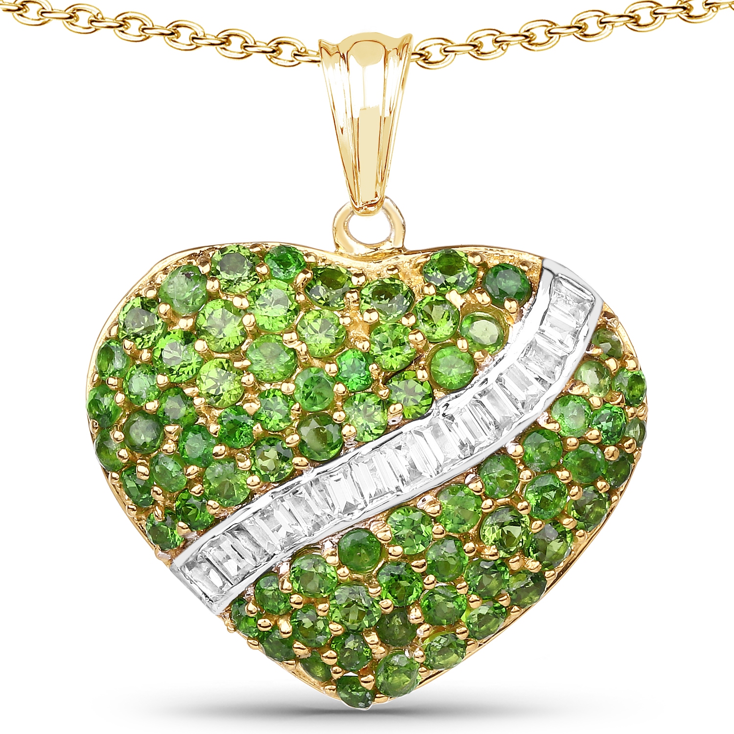 14K Yellow Gold Plated 4.51 Carat Genuine Chrome Diopside & White Topaz .925 Sterling Silver Pendant