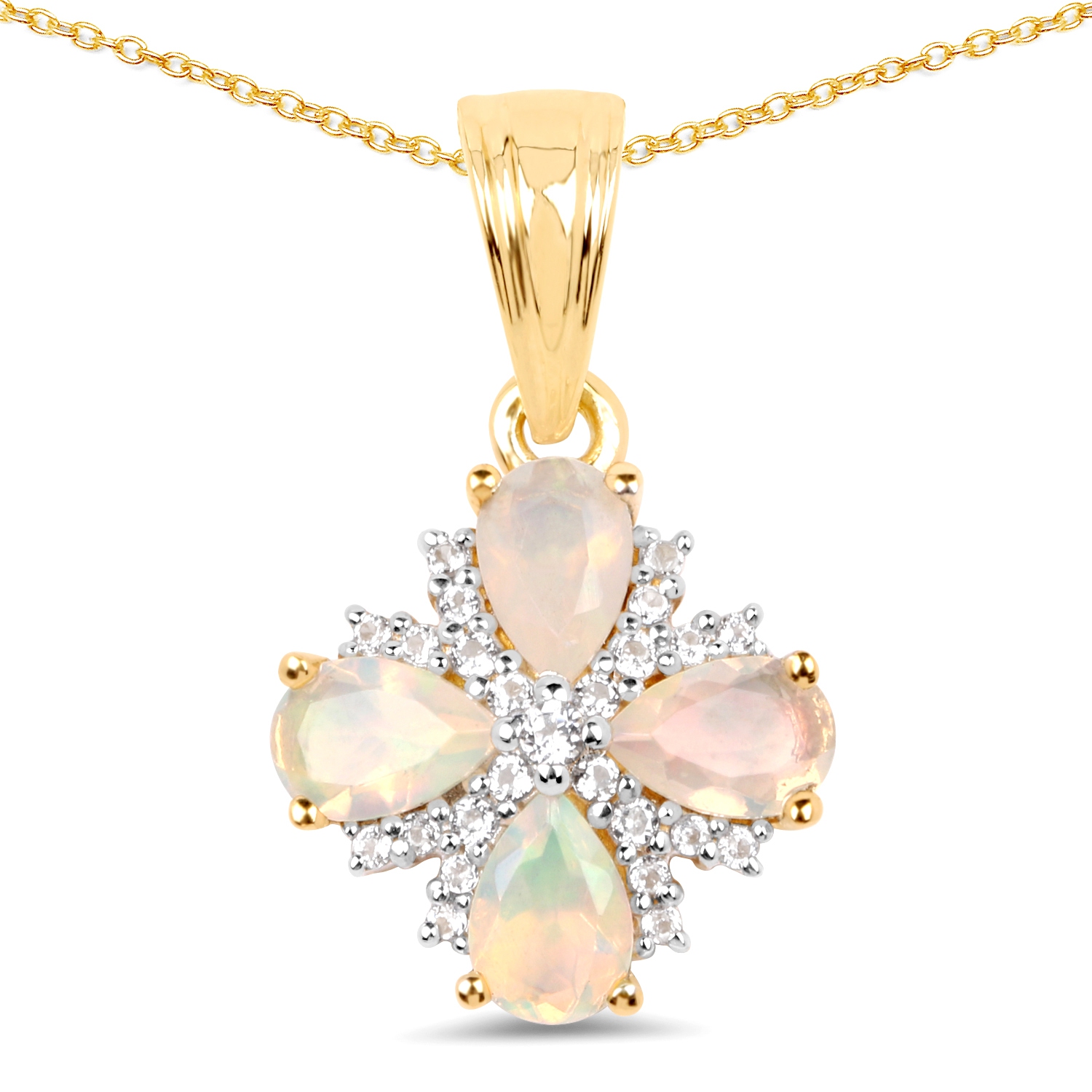 14K Yellow Gold Plated 1.19 Carat Genuine Ethiopian Opal & White Topaz .925 Sterling Silver Pendant