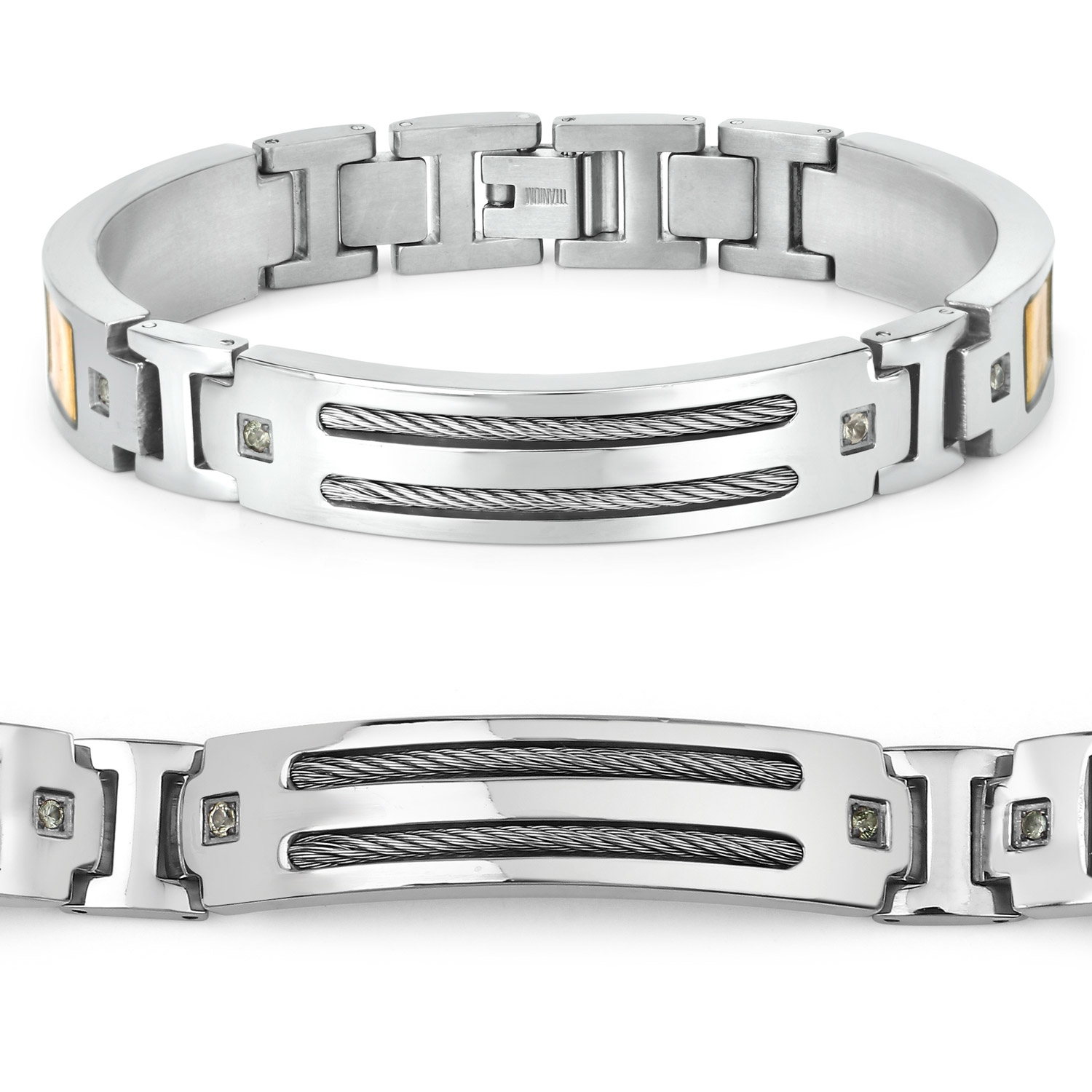 Bracelet homme en titane avec incrustation en acier plaqué or 0,48ct Saphirs verts naturels ronds