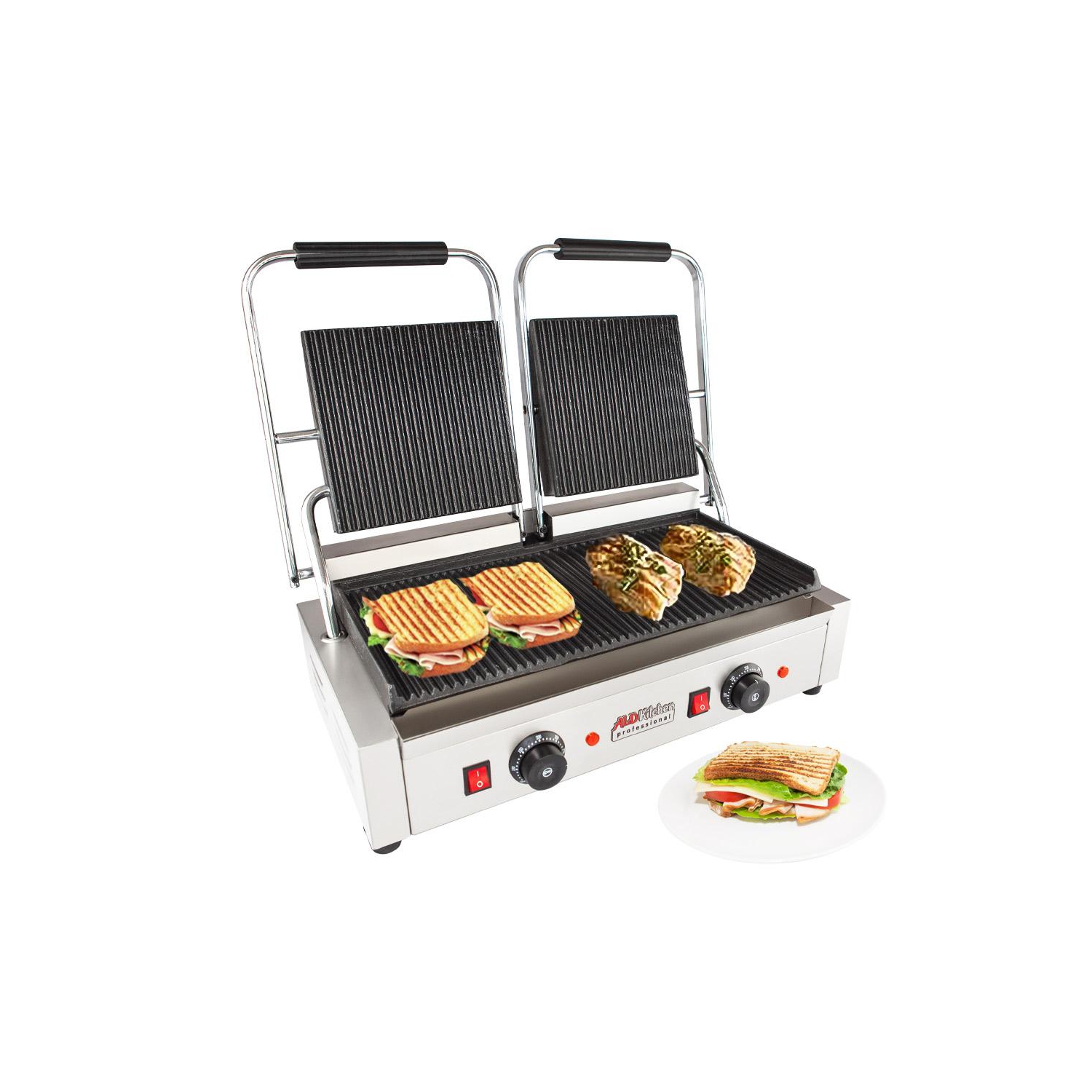 AP-692 Presse à panini double | Machine à sandwichs | Plaques nervurées en fonte | Commande réglable | Antiadhésif | 110&nbsp;V