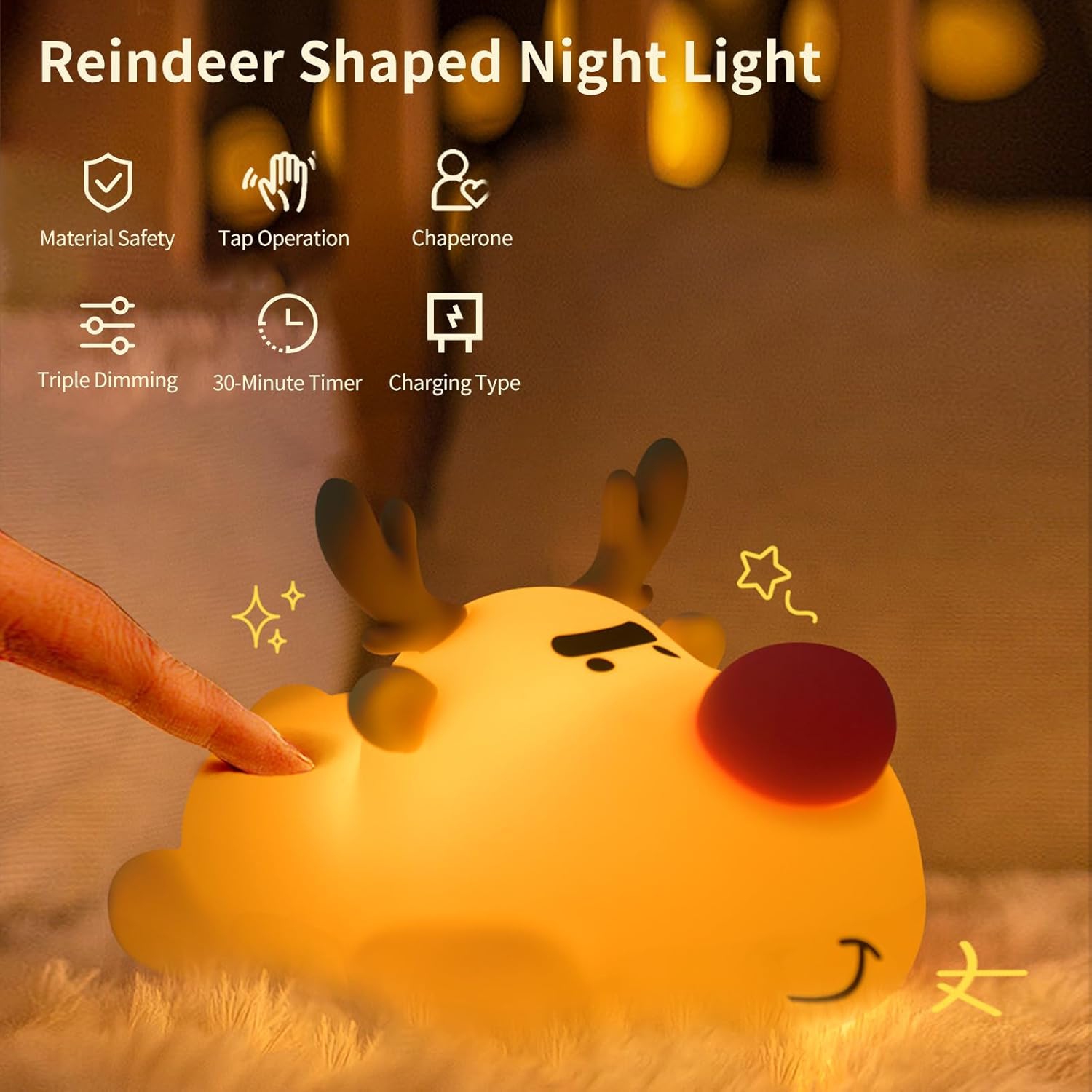 YOULIGHTS Kids Night Light - Silicone Dimmable, Rechargeable Toddler Night Light with Cute Reindeer Design, Safe Baby Night Light for Bedroom,