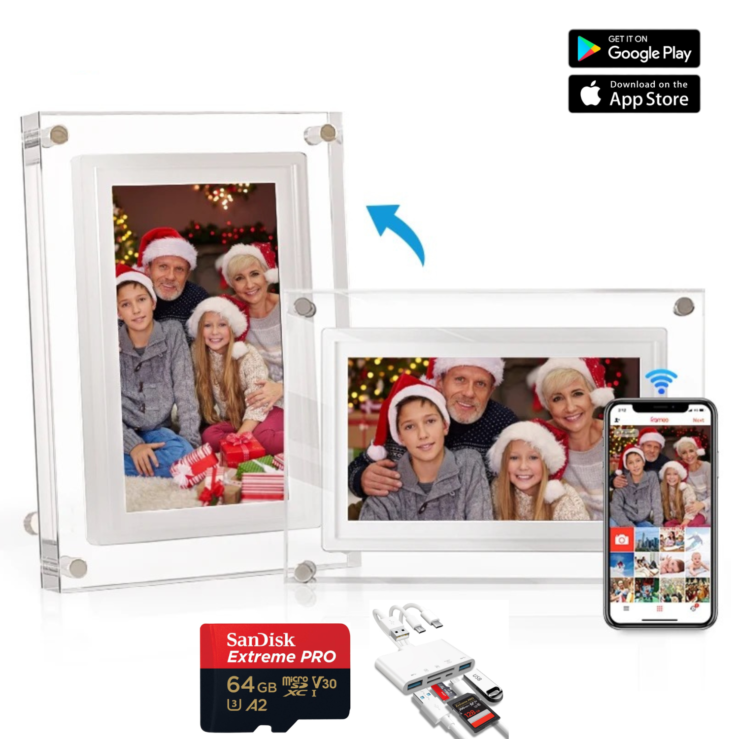 TUTT 10" Acrylic Digital Photo Frame | WiFi | IPS Touchscreen | 32GB Built-In Storage | Frameo App | SanDisk Extreme PRO® 64GB micro SD Card + Reader Kit