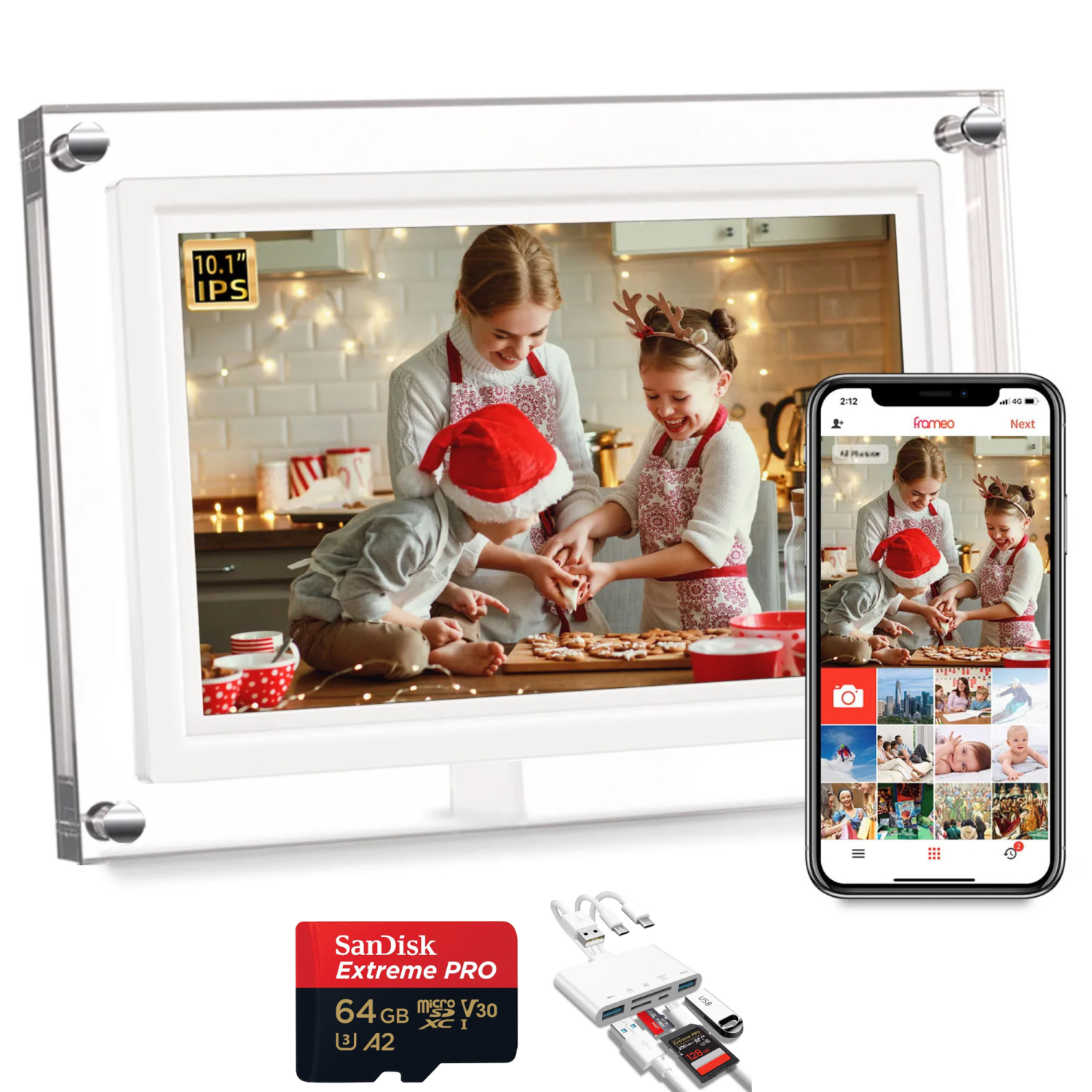 TUTT 7" Acrylic Digital Photo Frame | WiFi | IPS Touchscreen | 32GB Built-In Storage | Frameo App | SanDisk Extreme PRO® 64GB micro SD Card + Reader Kit