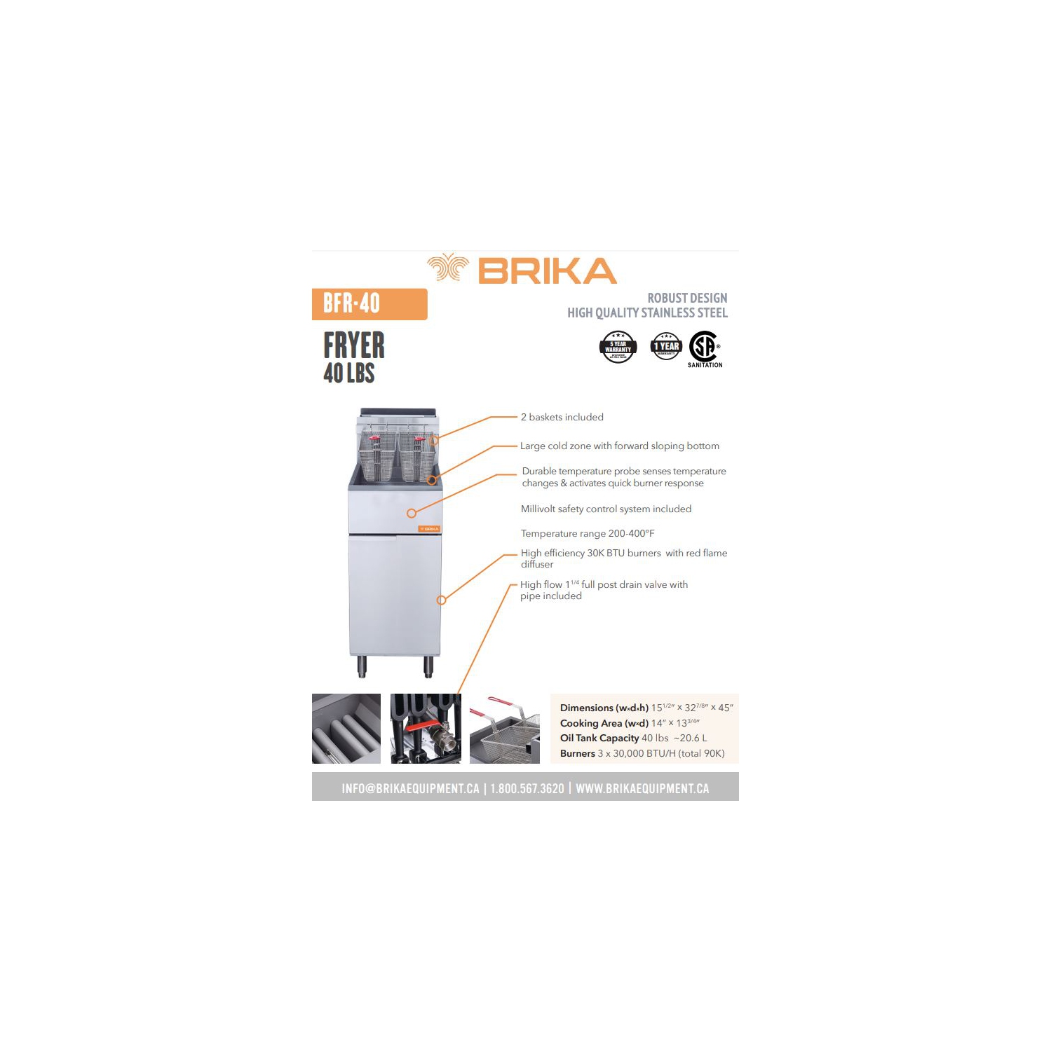 BRIKA BFR-40-NAT Commercial Natural Gas Deep Fryer 40 lbs Oil Capacity 90 000 BTU