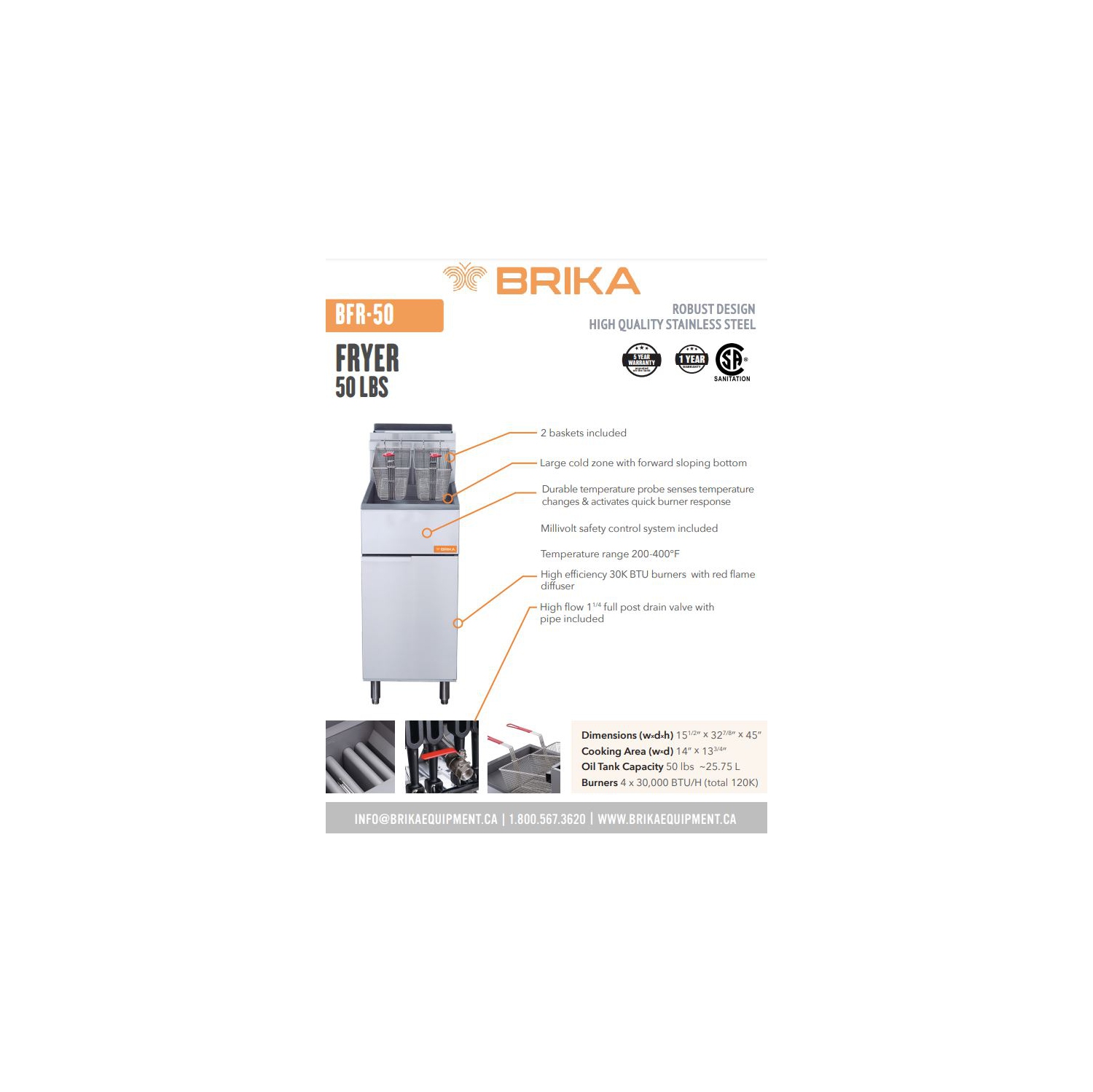 BRIKA BFR-50-GPL friteuse commerciale propane GPL capacité d'huile 50&nbsp;lb 120 000&nbsp;BTU