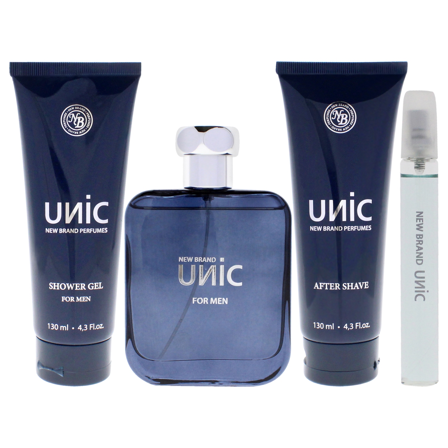 Unic by New Brand for Men - 4 Pc Gift Set 3.3oz EDT Spray, 0.5oz EDT Spray, 4.3oz Shower Gel, 4.3oz After Shave