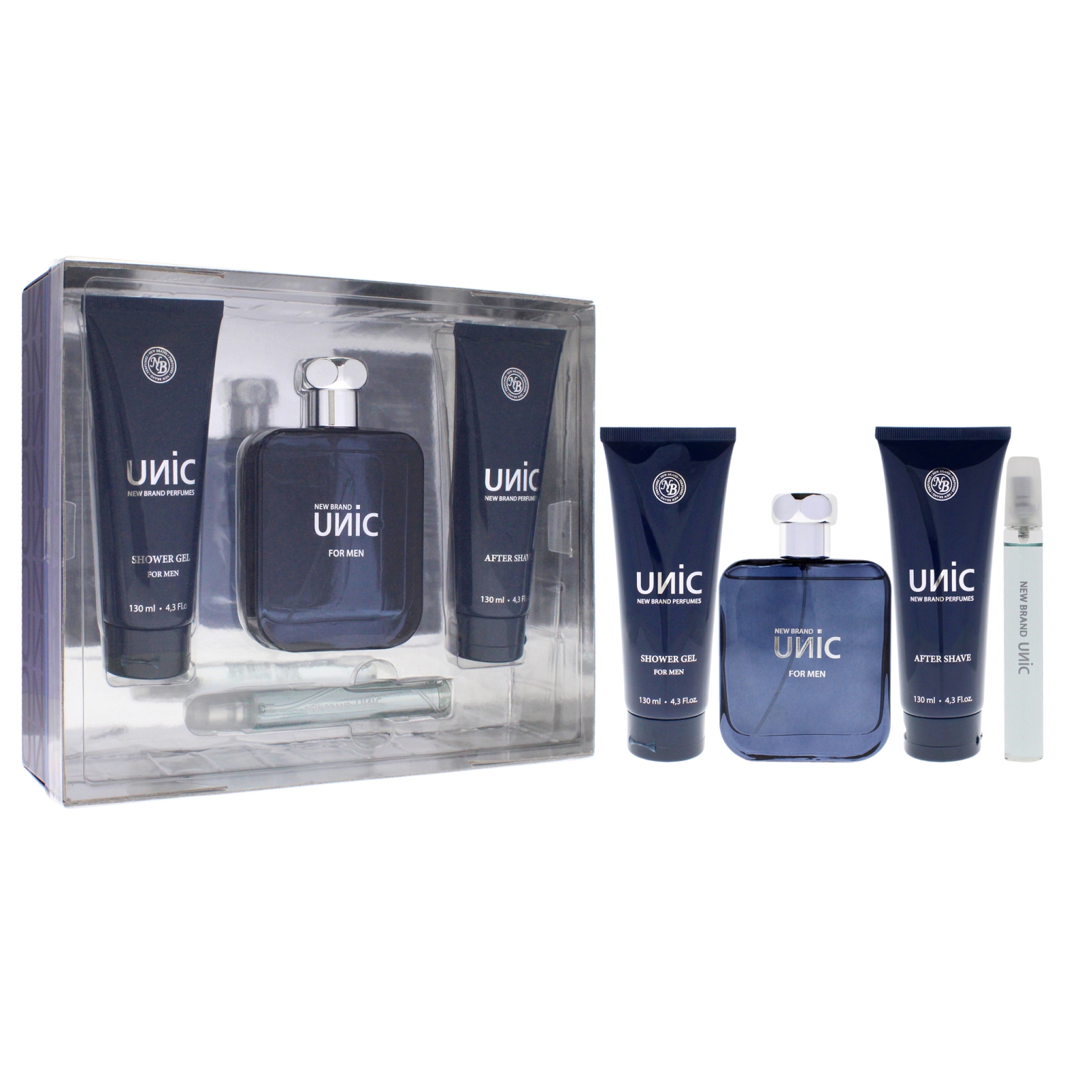 Unic by New Brand for Men - 4 Pc Gift Set 3.3oz EDT Spray, 0.5oz EDT Spray, 4.3oz Shower Gel, 4.3oz After Shave