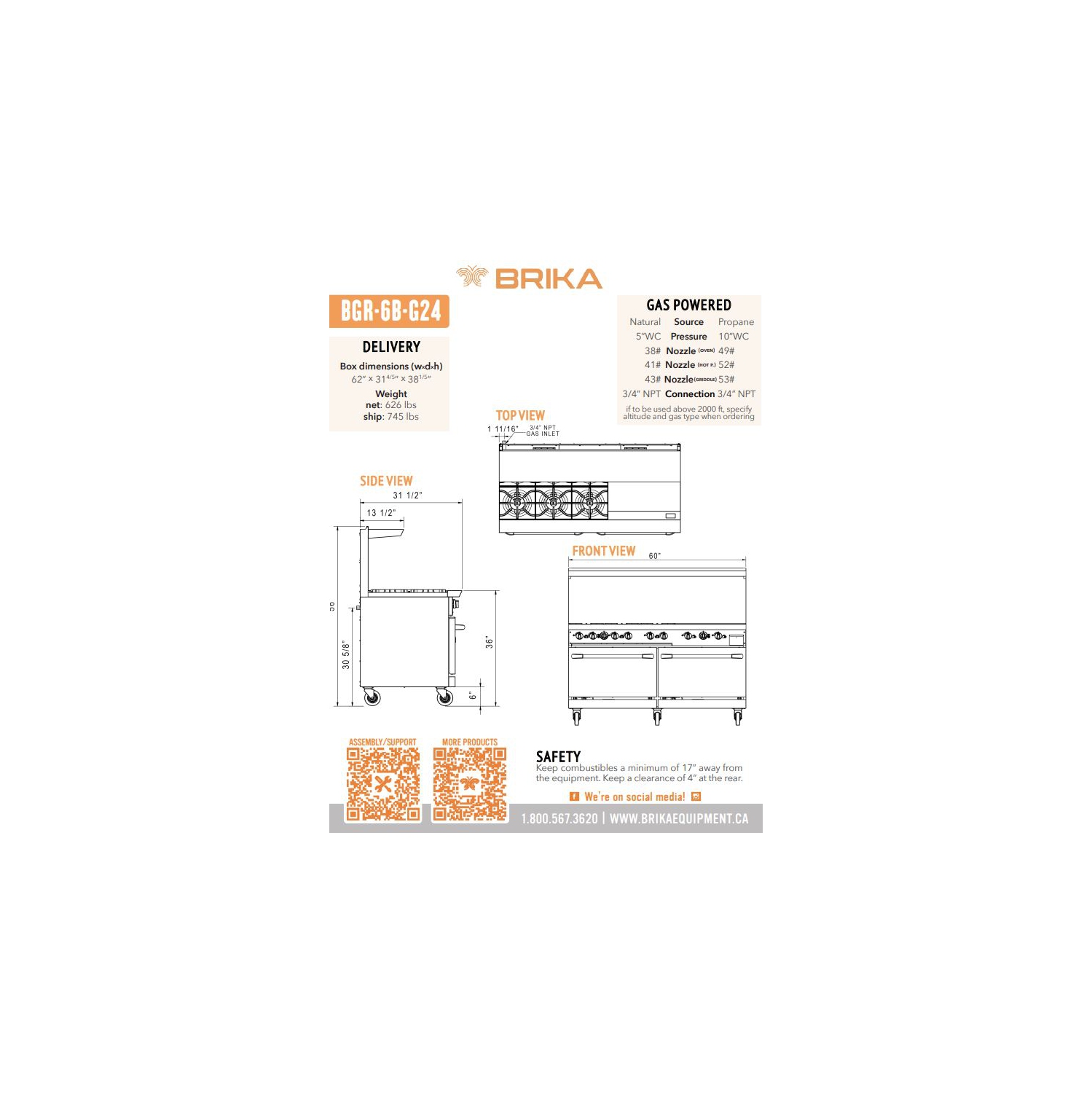 BRIKA BGR-6B-G24 Commercial 6 Burner and 24" griddle Gas Range