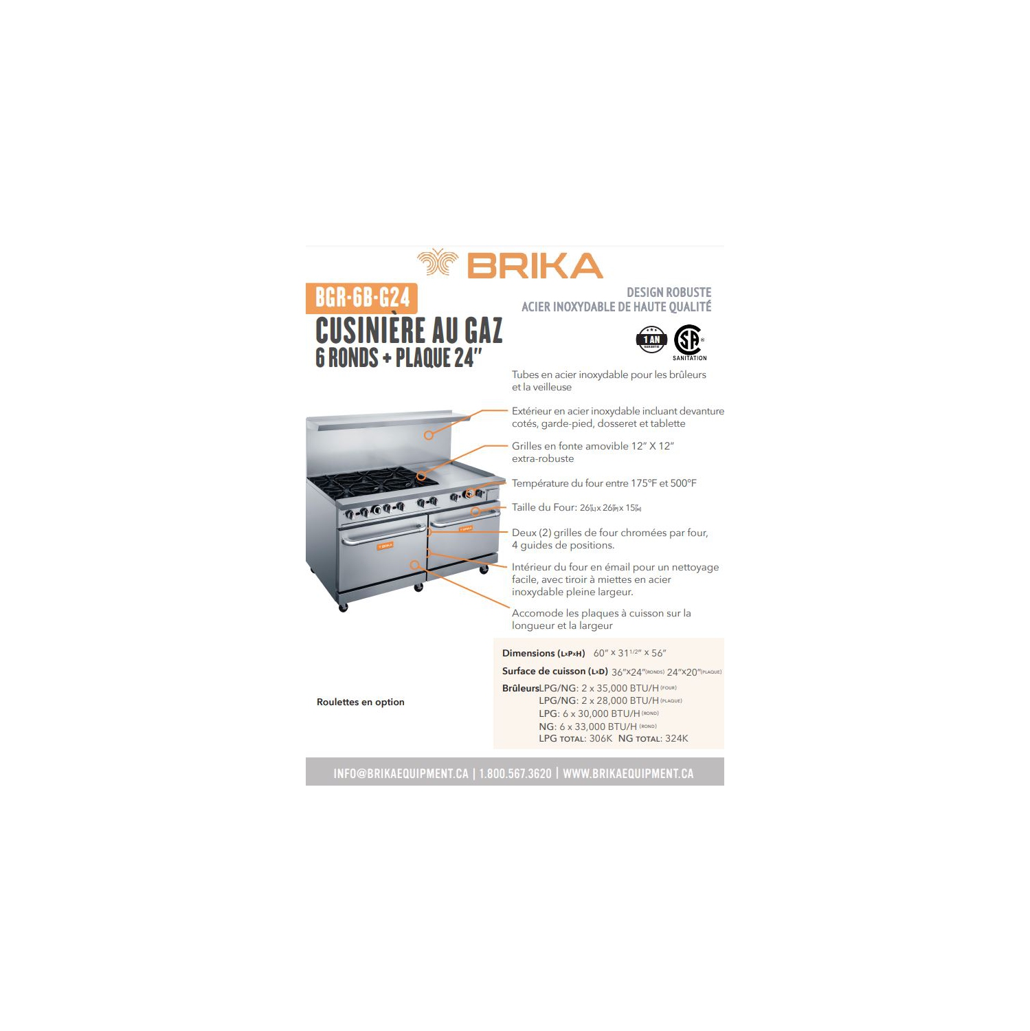 BRIKA BGR-6B-G24 Commercial 6 Burner and 24" griddle Gas Range