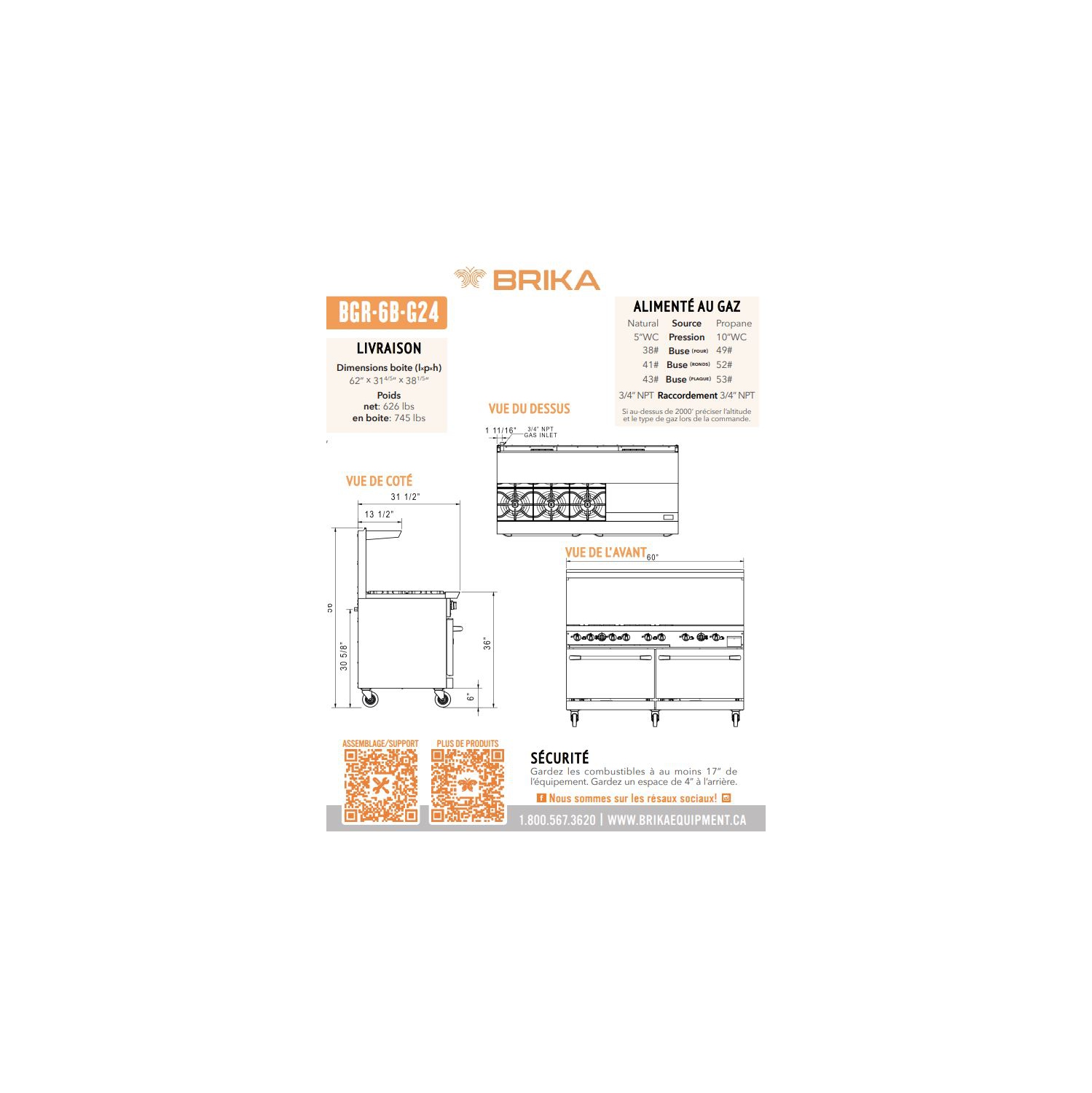 BRIKA BGR-6B-G24 Commercial 6 Burner and 24" griddle Gas Range