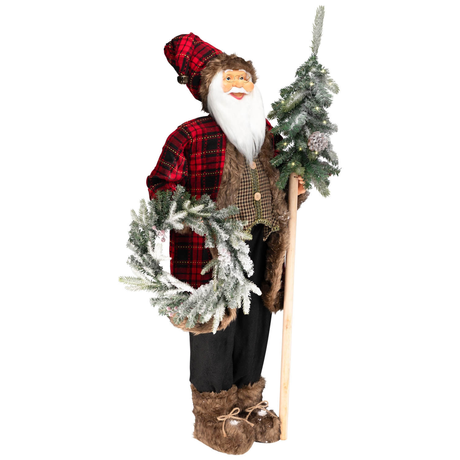 Plaid Standing Santa with Wreath & Alpine Tree Christmas Figure - 4'