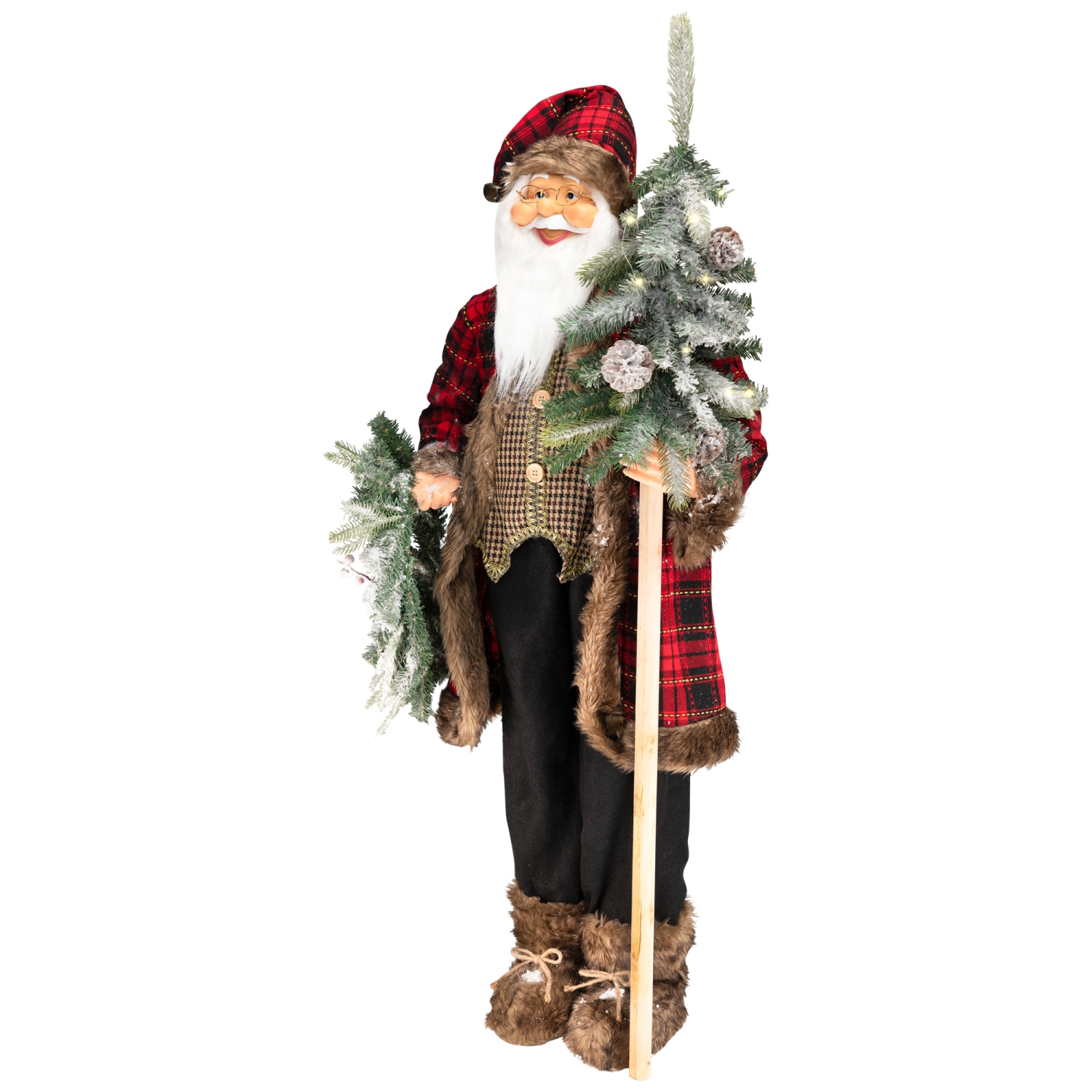 Plaid Standing Santa with Wreath & Alpine Tree Christmas Figure - 4'