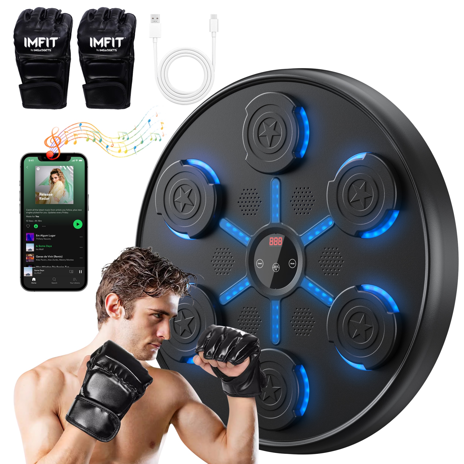 IMFIT Music Boxing Machine with gloves | Punching equipment for home, gym | 9 Modes | LED Lights | Bluetooth Music | Reflex & Dexterity Boost | Compact & Durable Design | All Ages