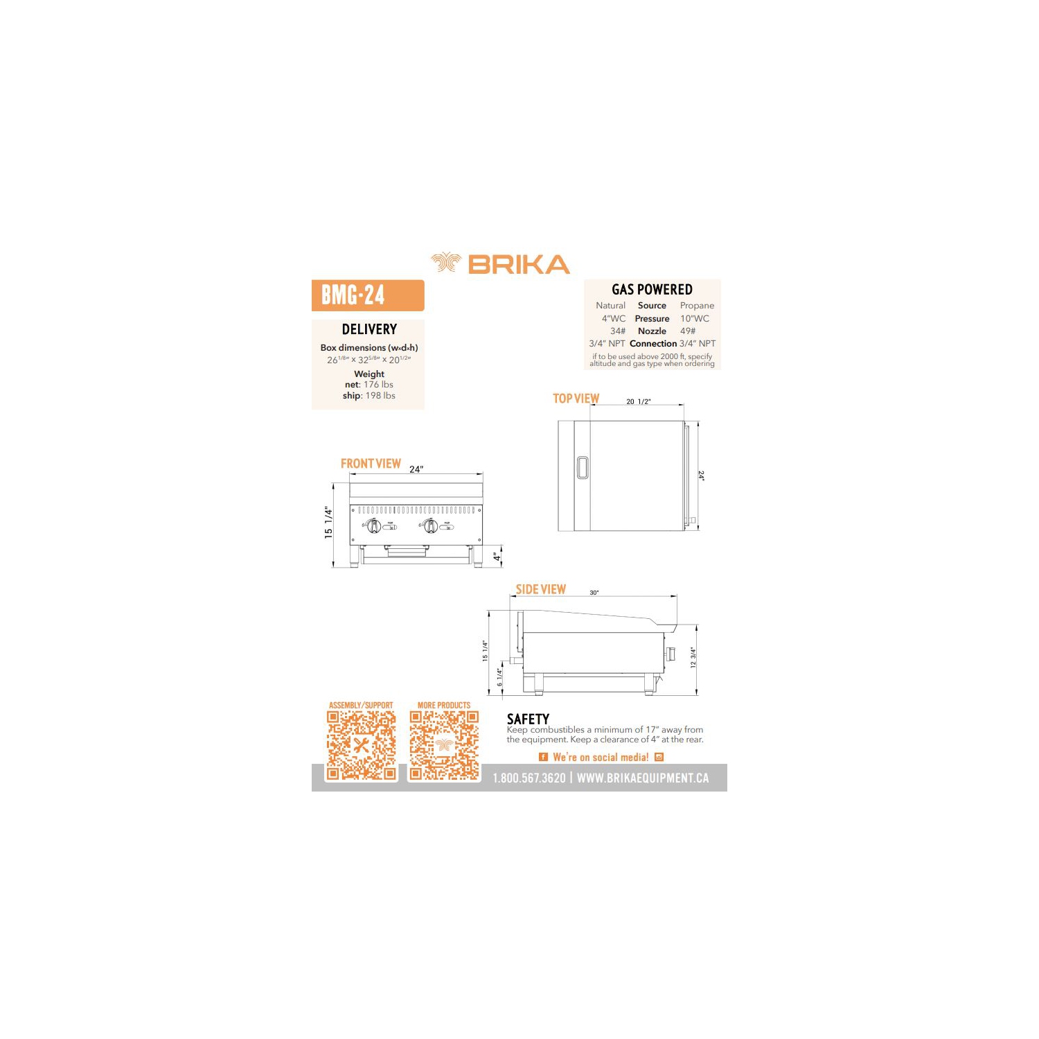 BRIKA BMG-24 Commercial 24" Manual Griddle - Natural Gas/Propane LPG Conversion Kit Included