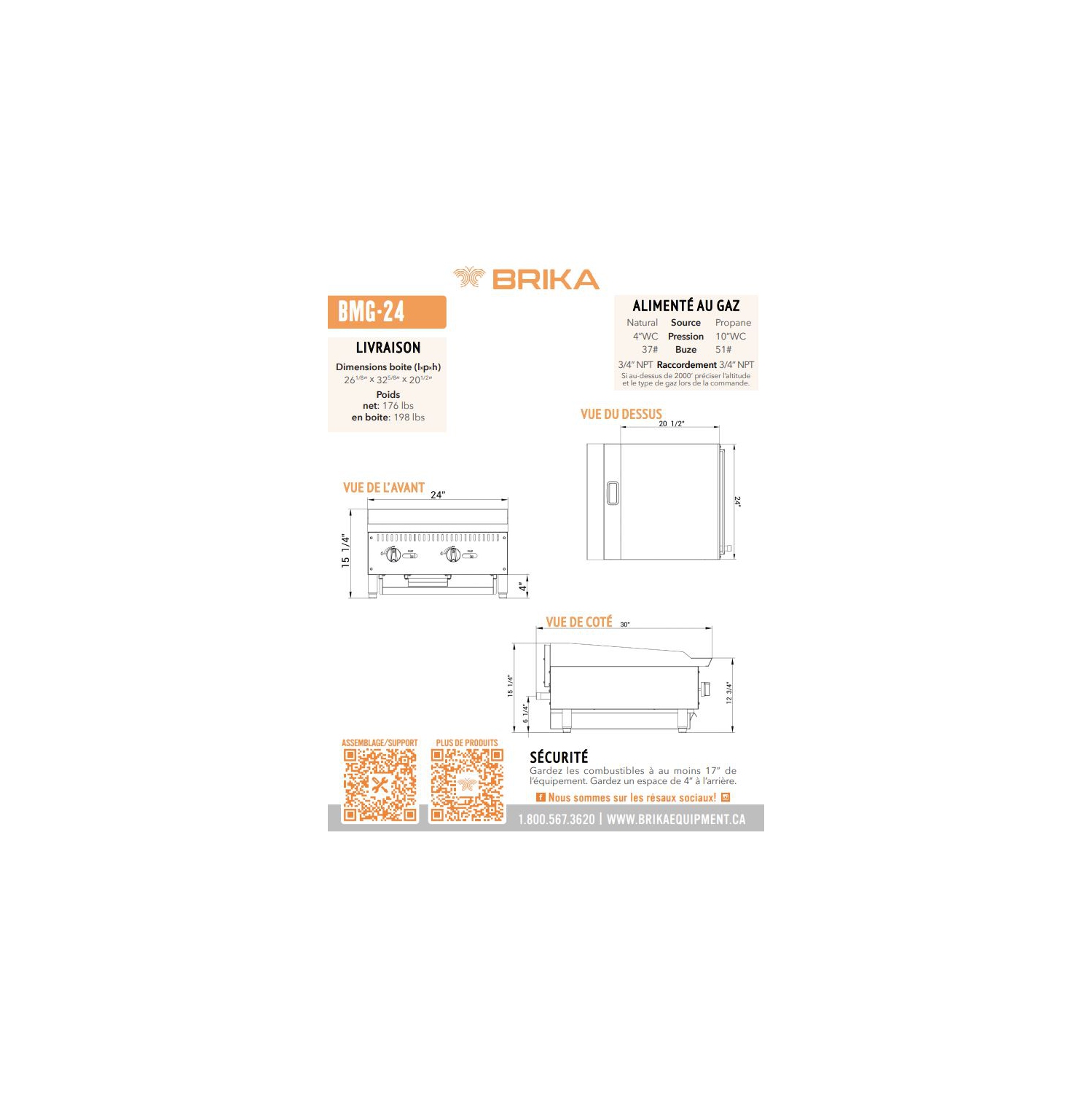 BRIKA BMG-24 Commercial 24" Manual Griddle - Natural Gas/Propane LPG Conversion Kit Included