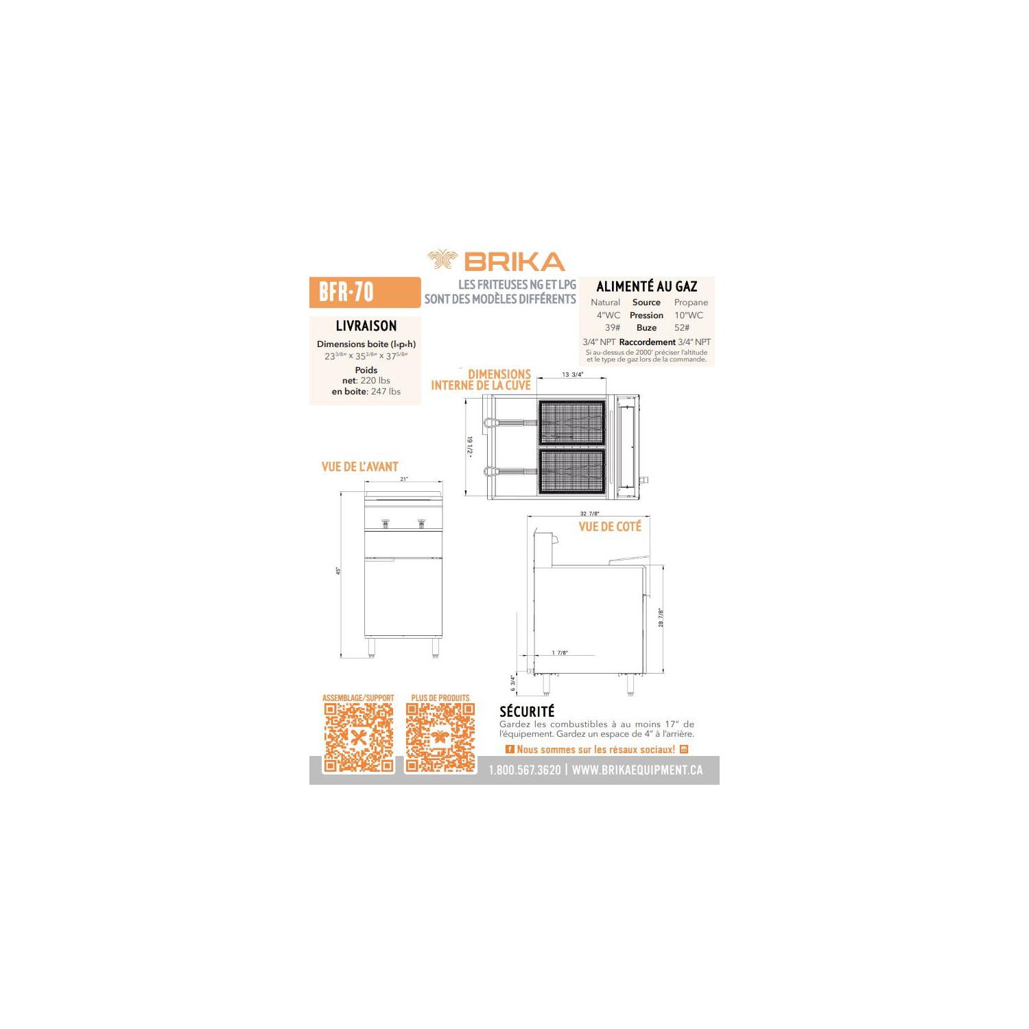 BRIKA BFR-70-LPG Commercial Propane LPG Deep Fryer 70 lbs Oil Capacity 150 000 BTU