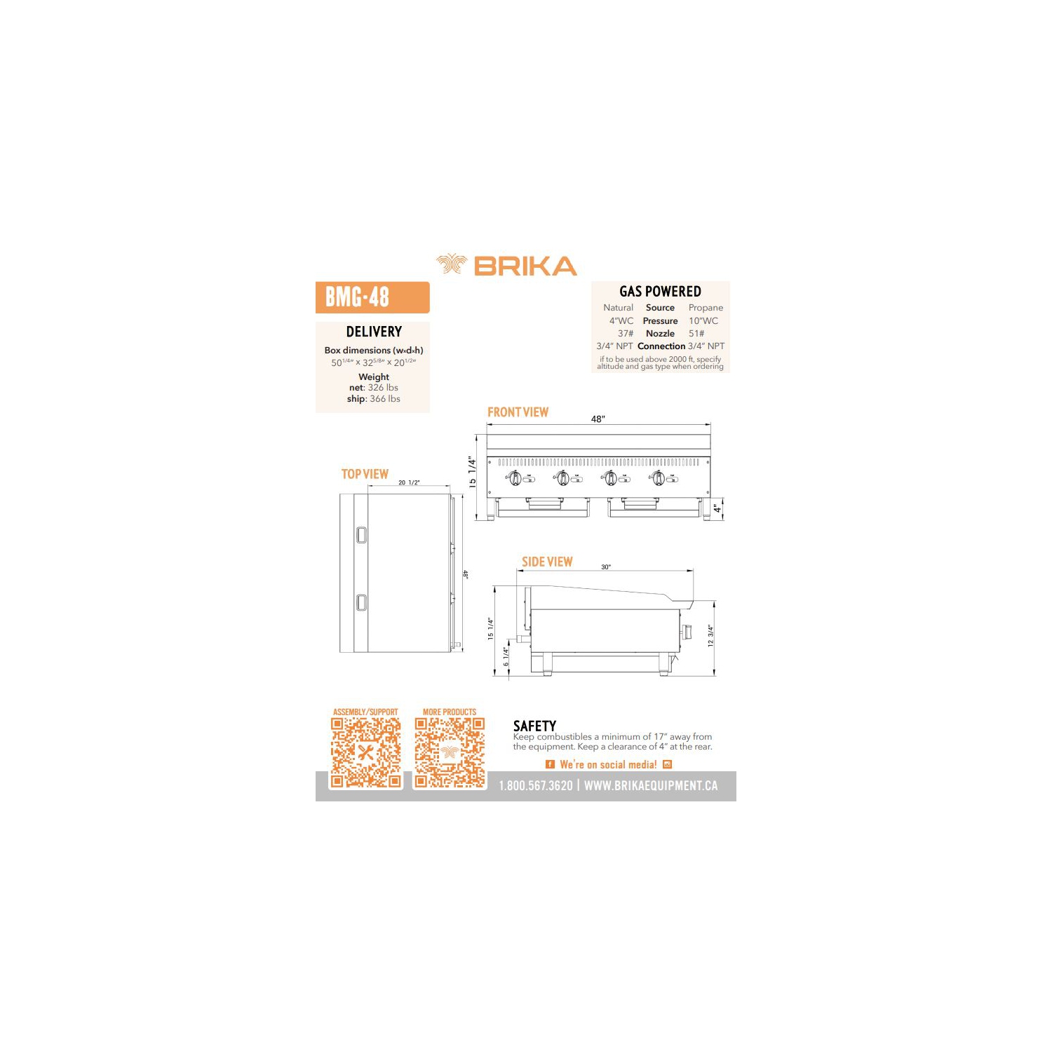 BRIKA BMG-48 Commercial 48" Manual Griddle - Natural Gas/LPG Conversion Kit Included