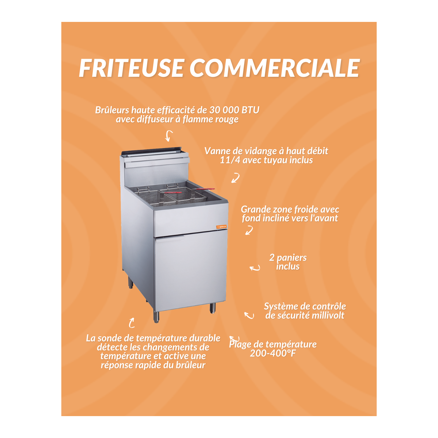 Friteuse commerciale au gaz naturel BFR-70-NAT 70&nbsp;lb de BRIKA Capacité d'huile de 150 000&nbsp;BTU