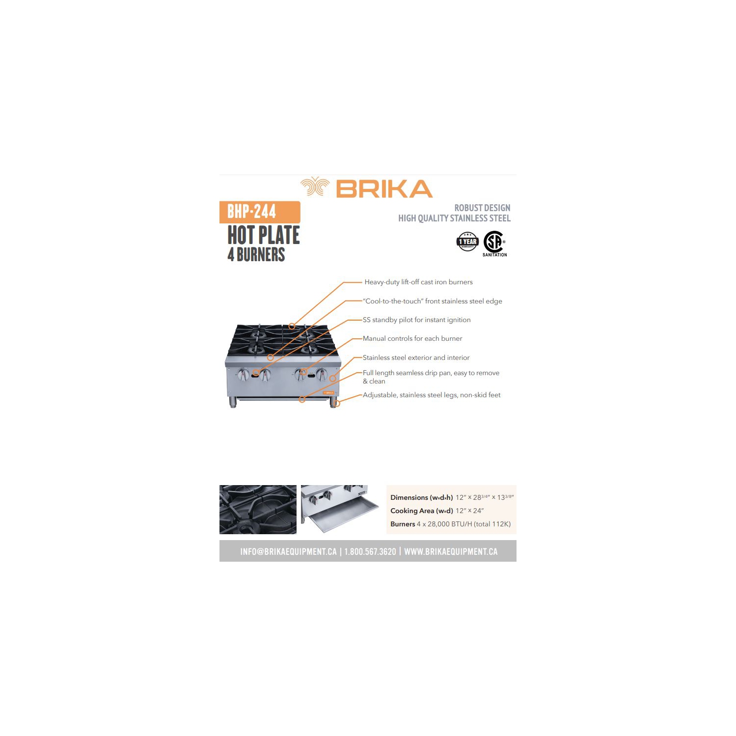 BRIKA BHP-244 Commercial 24" Hot Plate - Natural Gas/Propane Conversion Kit Included