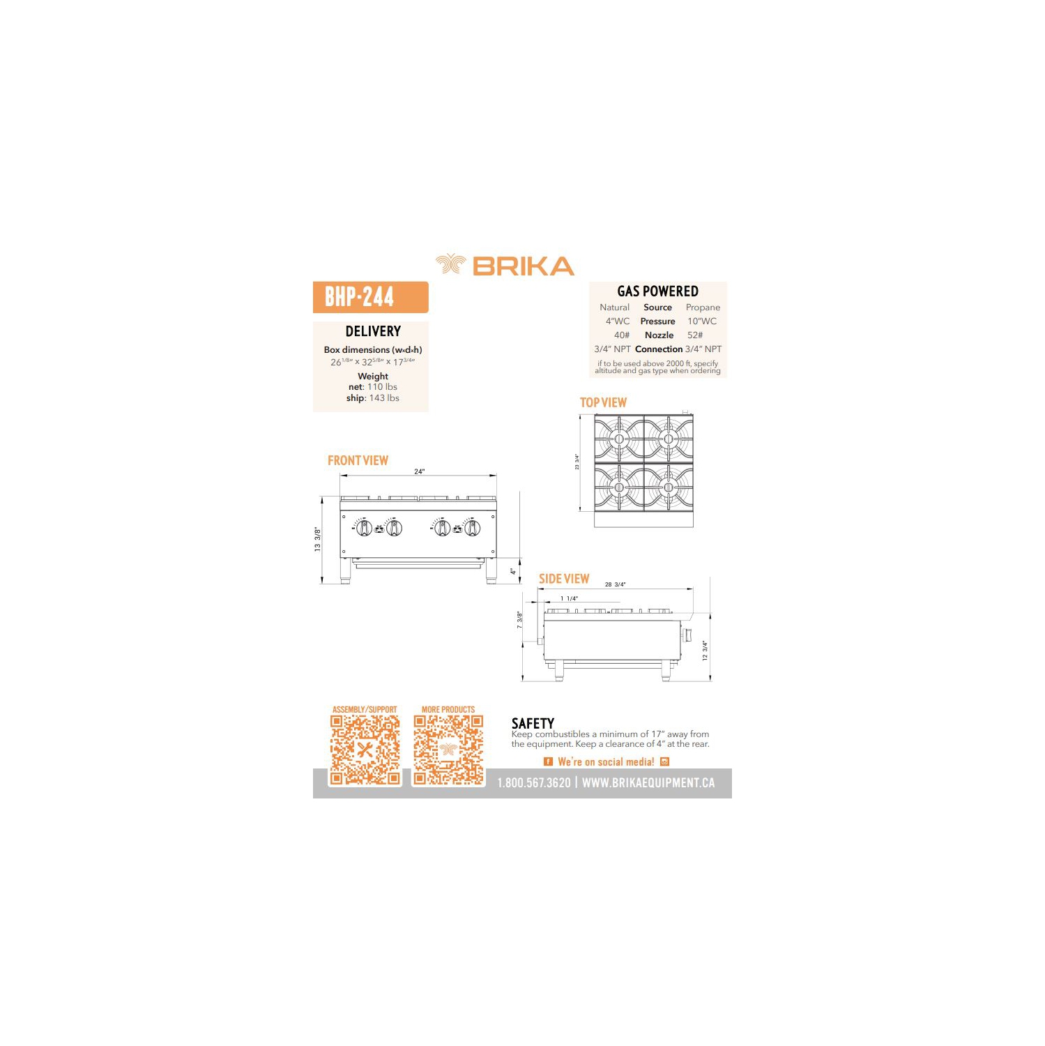 BRIKA BHP-244 Commercial 24" Hot Plate - Natural Gas/Propane Conversion Kit Included