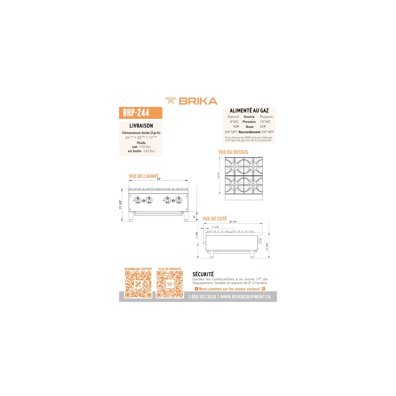 BRIKA BHP-244 Commercial 24" Hot Plate - Natural Gas/Propane Conversion Kit Included