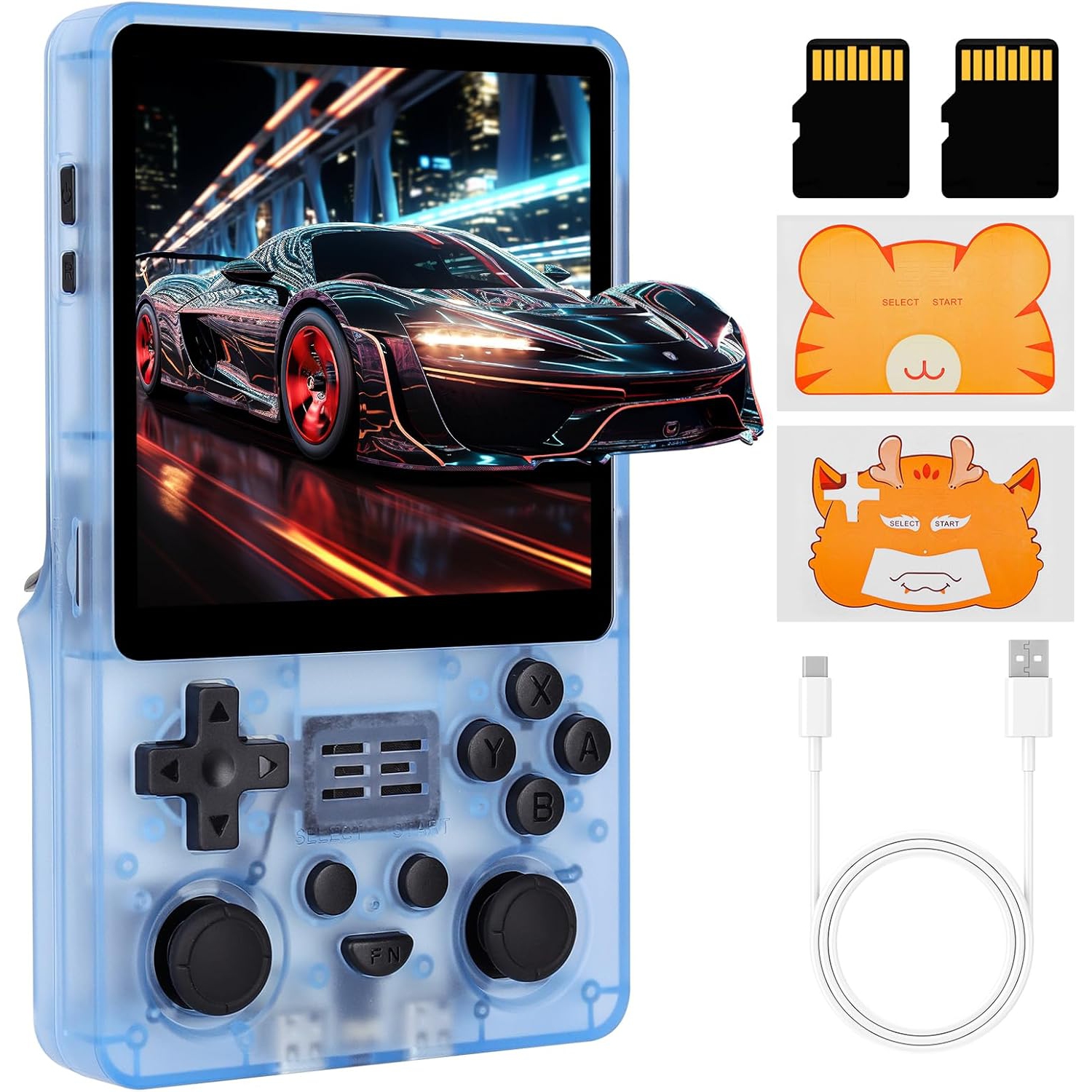 RGB20SX Handheld Game Console, 4.0'' IPS Screen System 5000mAH Built-in 15000+ Classic Video Games 64G+16G Dual TF(Blue)-(Open Box)