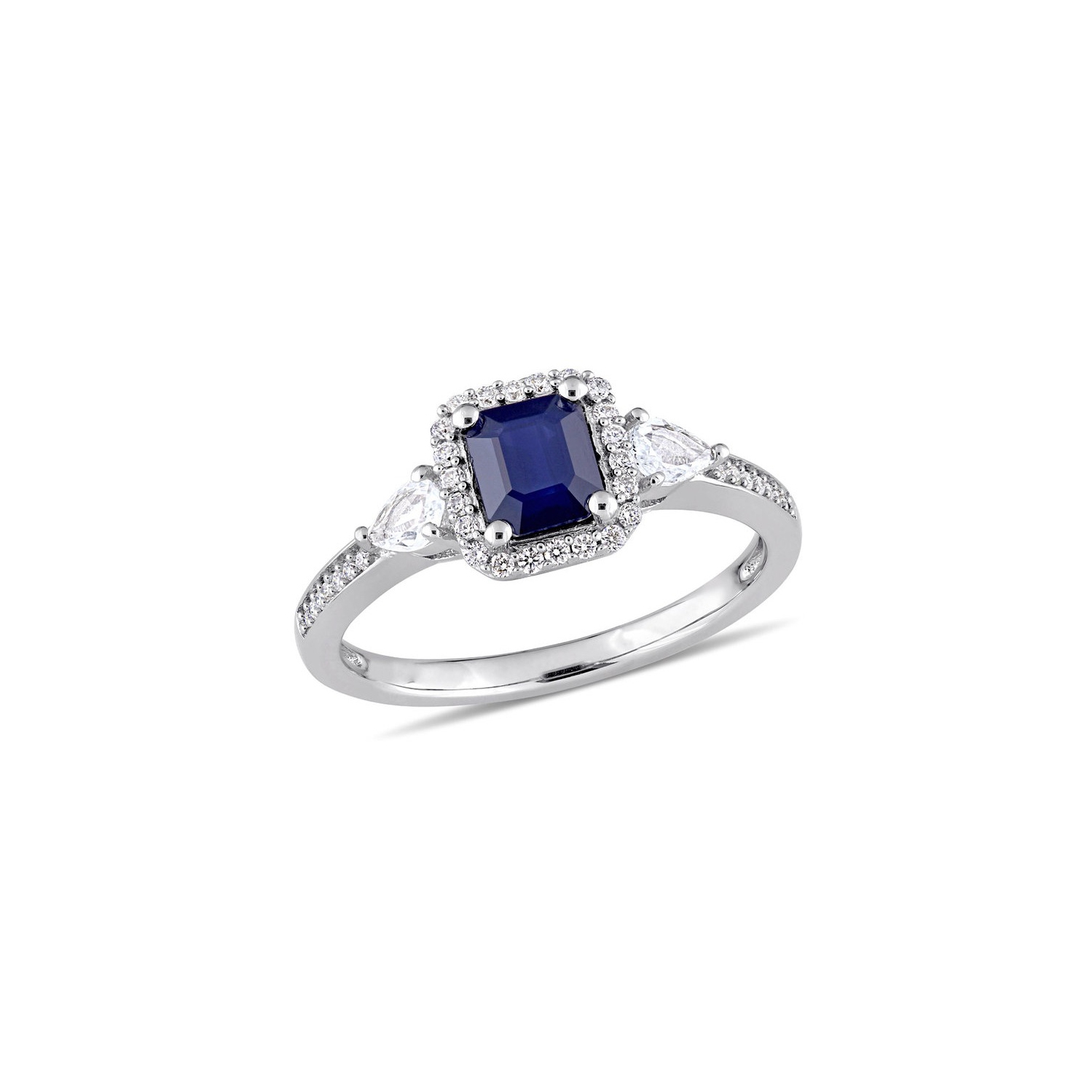 1.06 Carat Blue and White Sapphire Ring in 14K White Gold with Diamonds