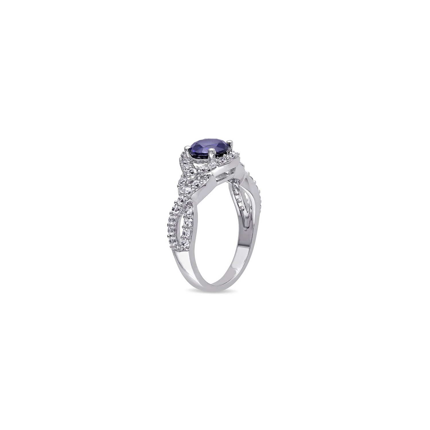 Bague en argent sterling avec saphir bleu synthétique en laboratoire et saphir blanc torsadé d'2,09&nbsp;carat