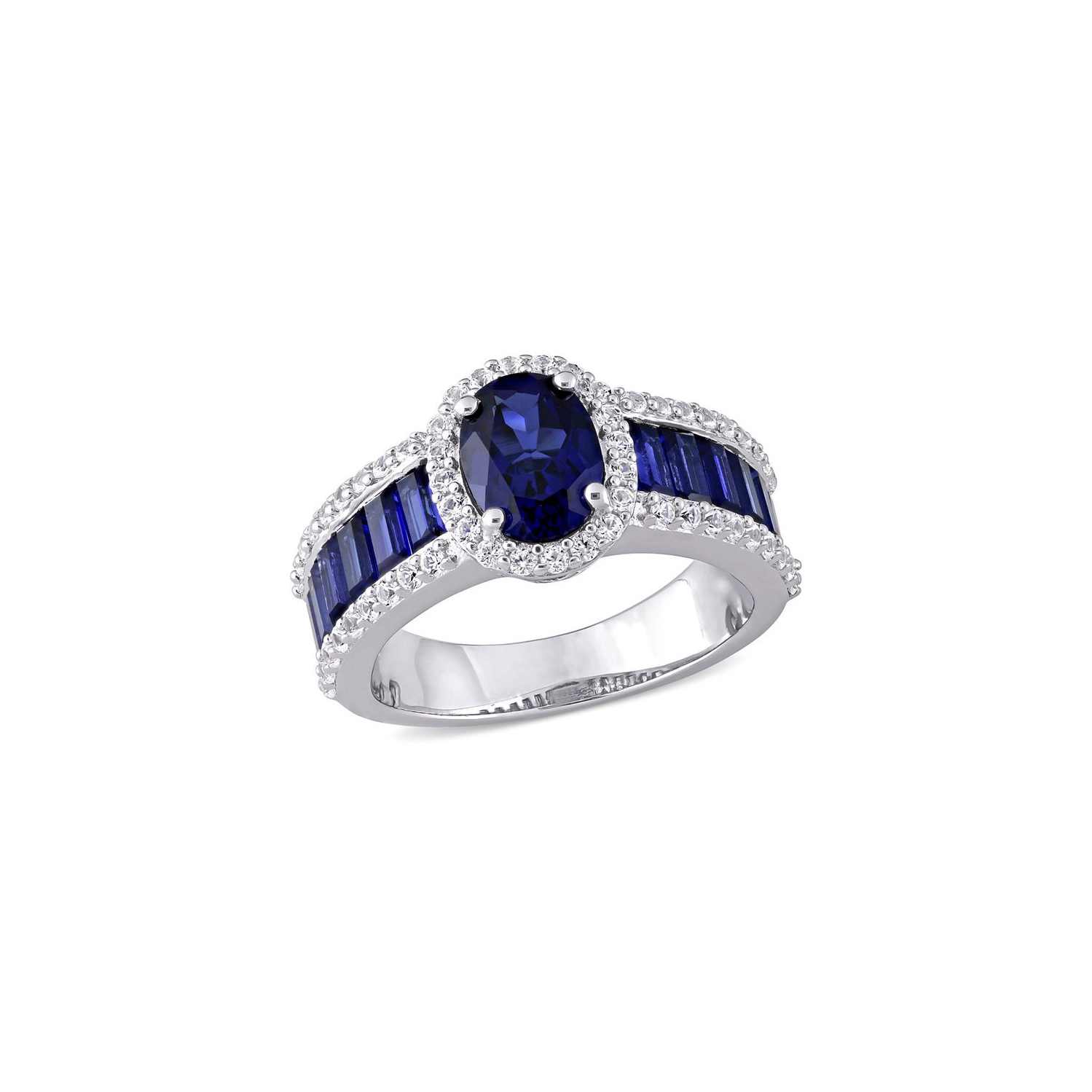 Bague halo en argent sterling avec saphirs bleus et blancs synthétiques en laboratoire d'4,72&nbsp;carat