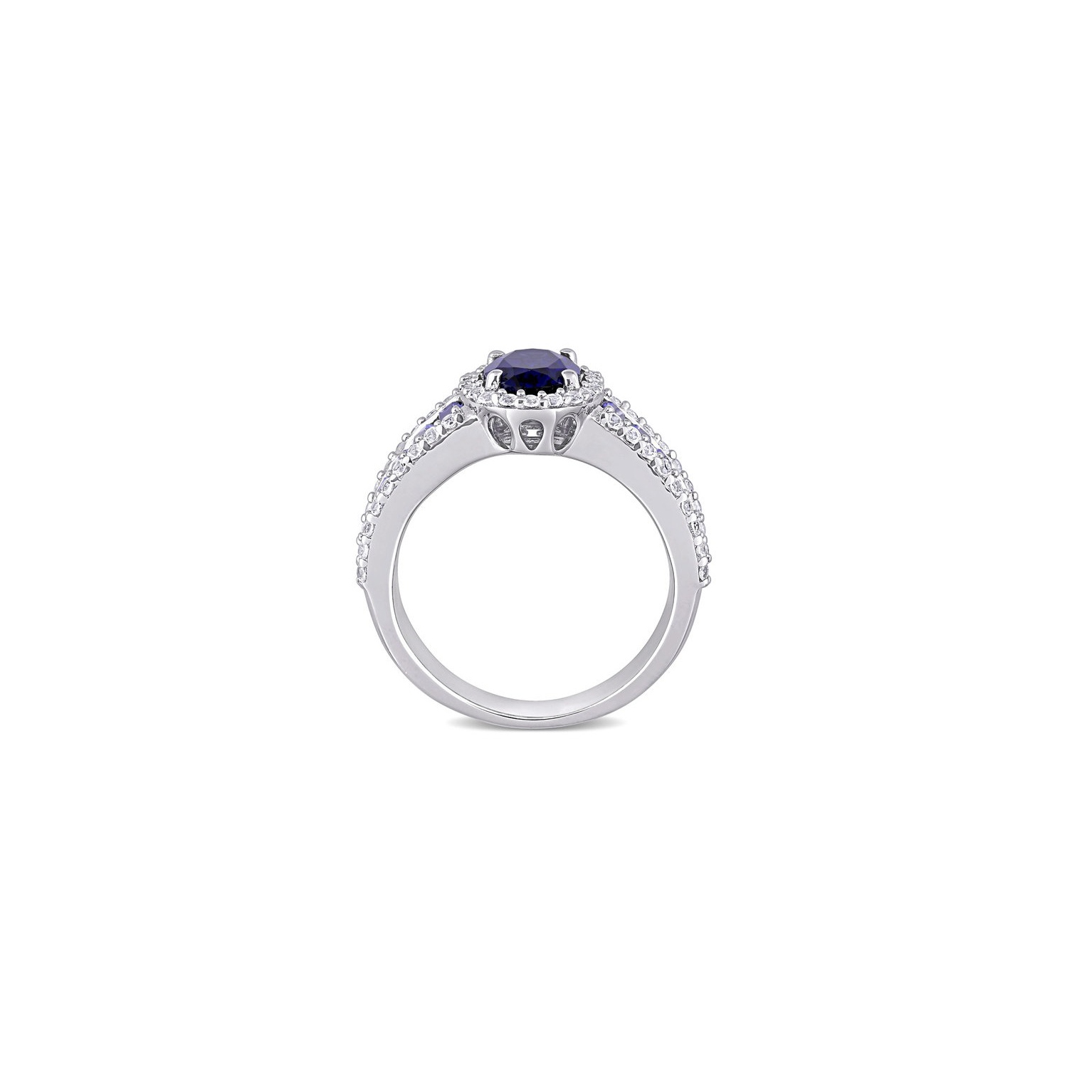 Bague halo en argent sterling avec saphirs bleus et blancs synthétiques en laboratoire d'4,72&nbsp;carat
