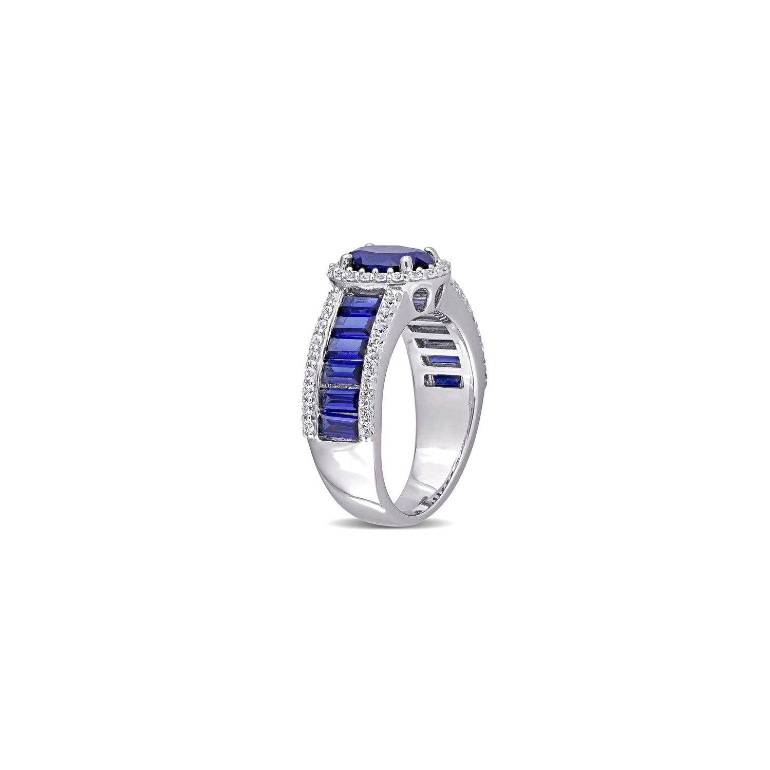 Bague halo en argent sterling avec saphirs bleus et blancs synthétiques en laboratoire d'4,72&nbsp;carat