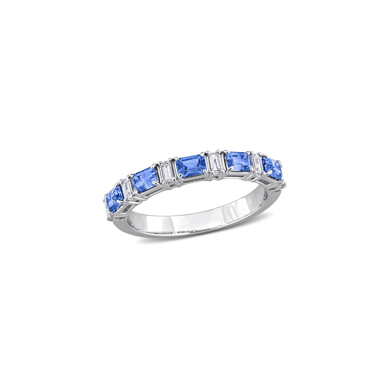 7/8 Carat Blue Sapphire Ring Band in 14K White Gold with Diamonds