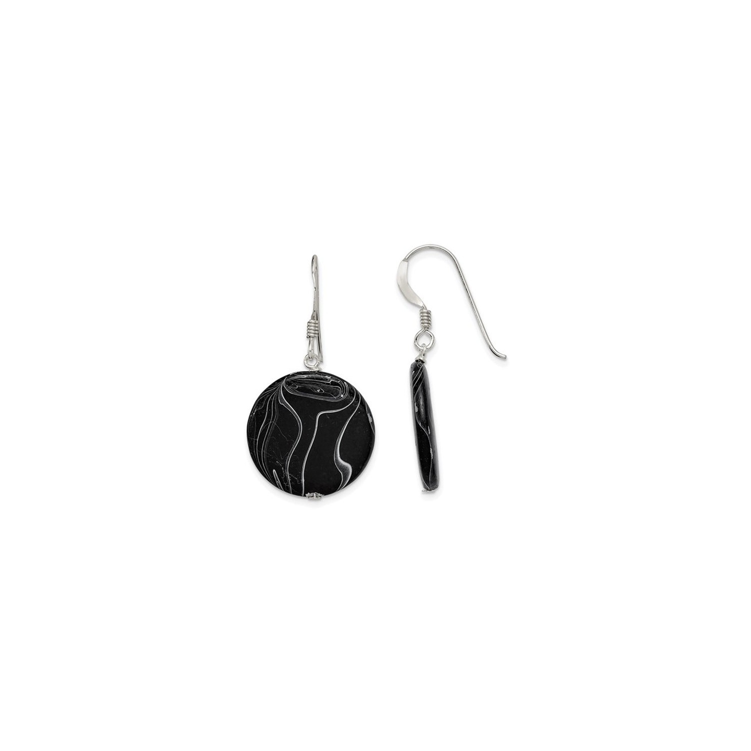 Sterling Silver Black Agate Disc Dangle Earrings