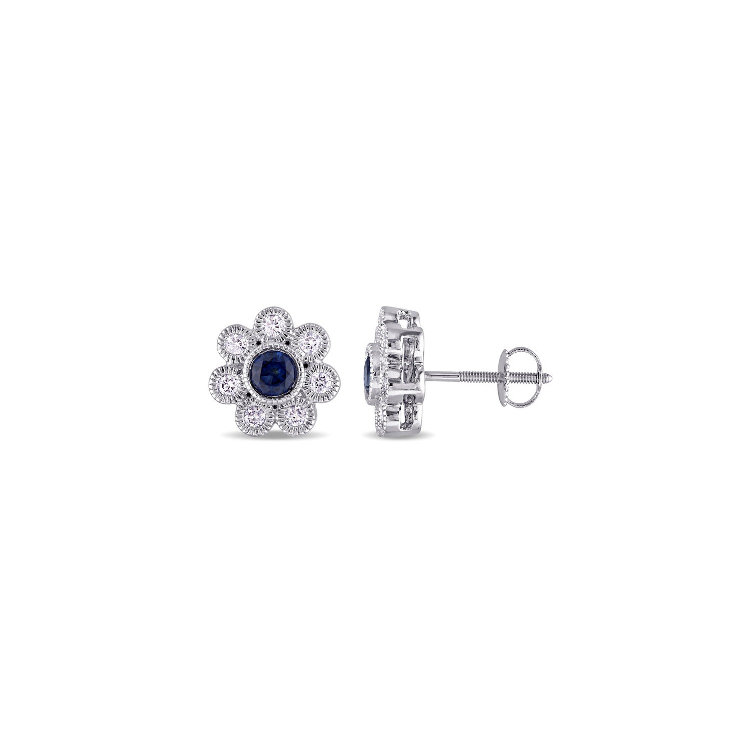7/10 Carat Blue Sapphire Floral Button Stud Earrings in 14K White Gold with Diamonds
