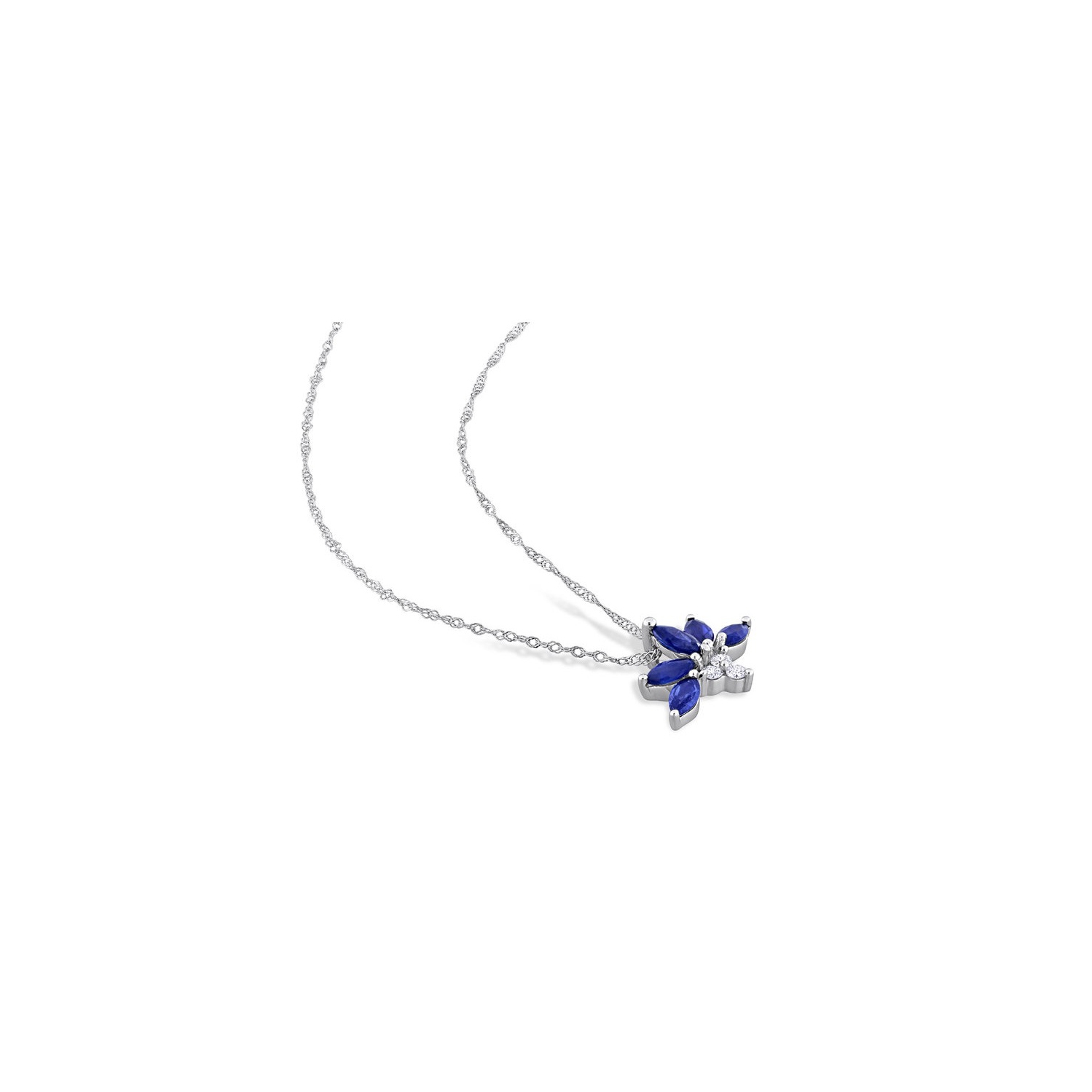 1/2 Carat Blue Sapphire Floral Pendant in 14k White Gold with chain and Diamonds