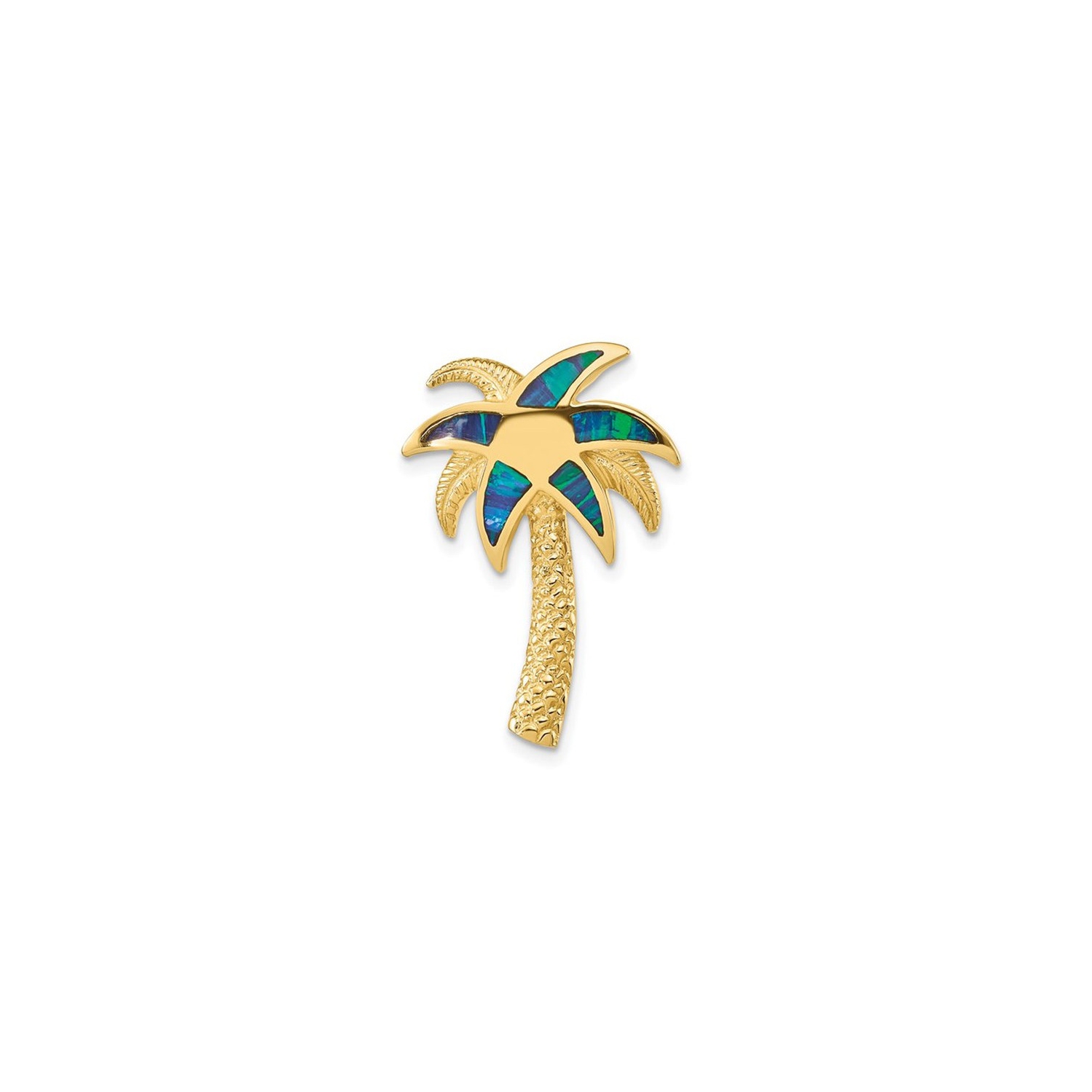 14K Yellow Gold Palm Tree Charm Pendant with Lab-Created Blue Opals