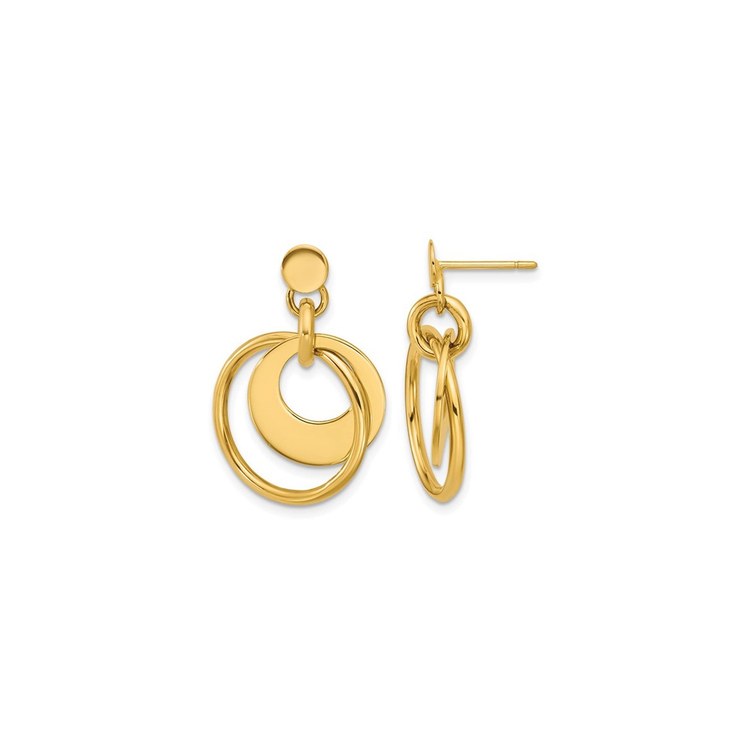 14K Yellow Gold Double Circle Dangle Post Earrings