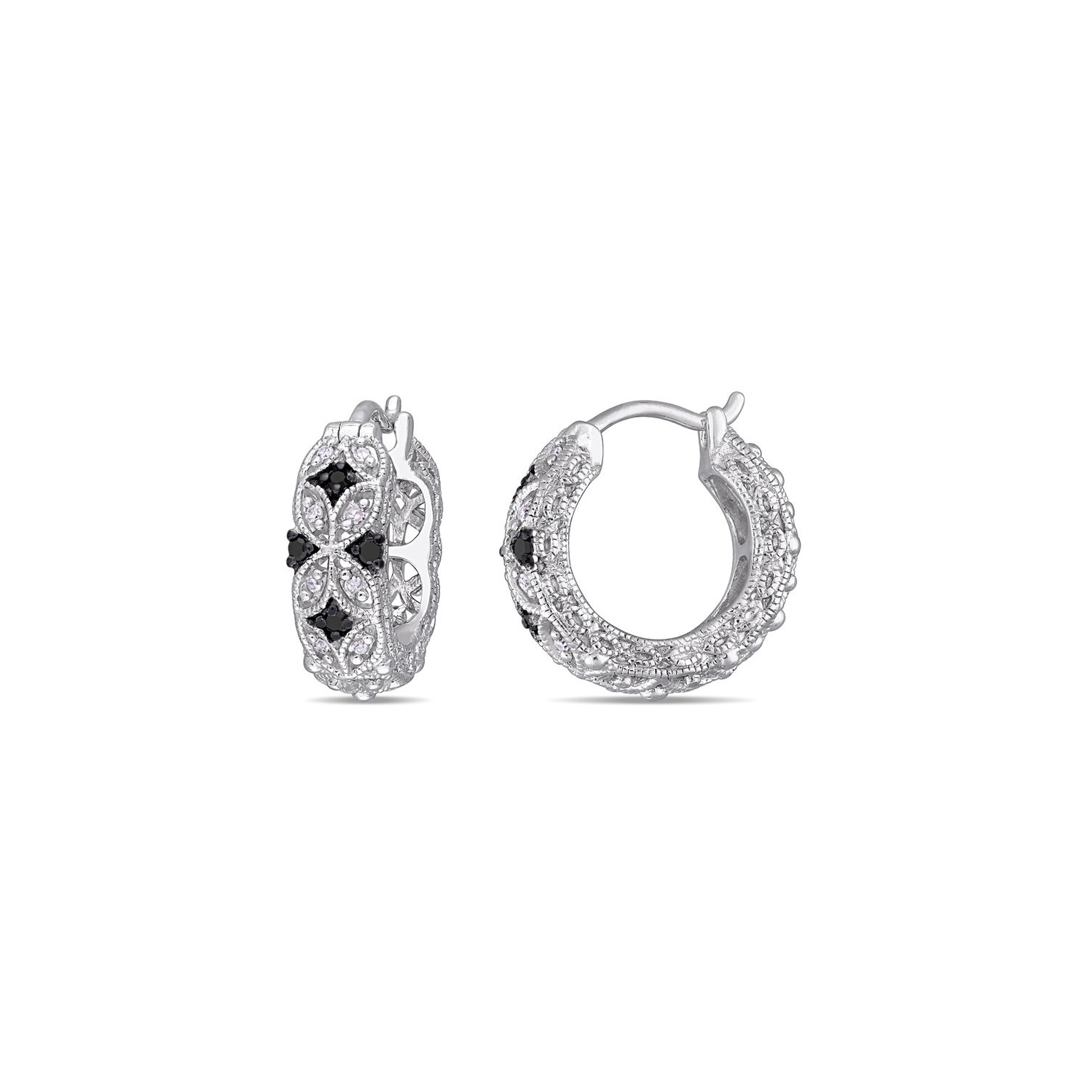 1/6 Carat Black and White Diamond Hoop Earrings in Sterling Silver